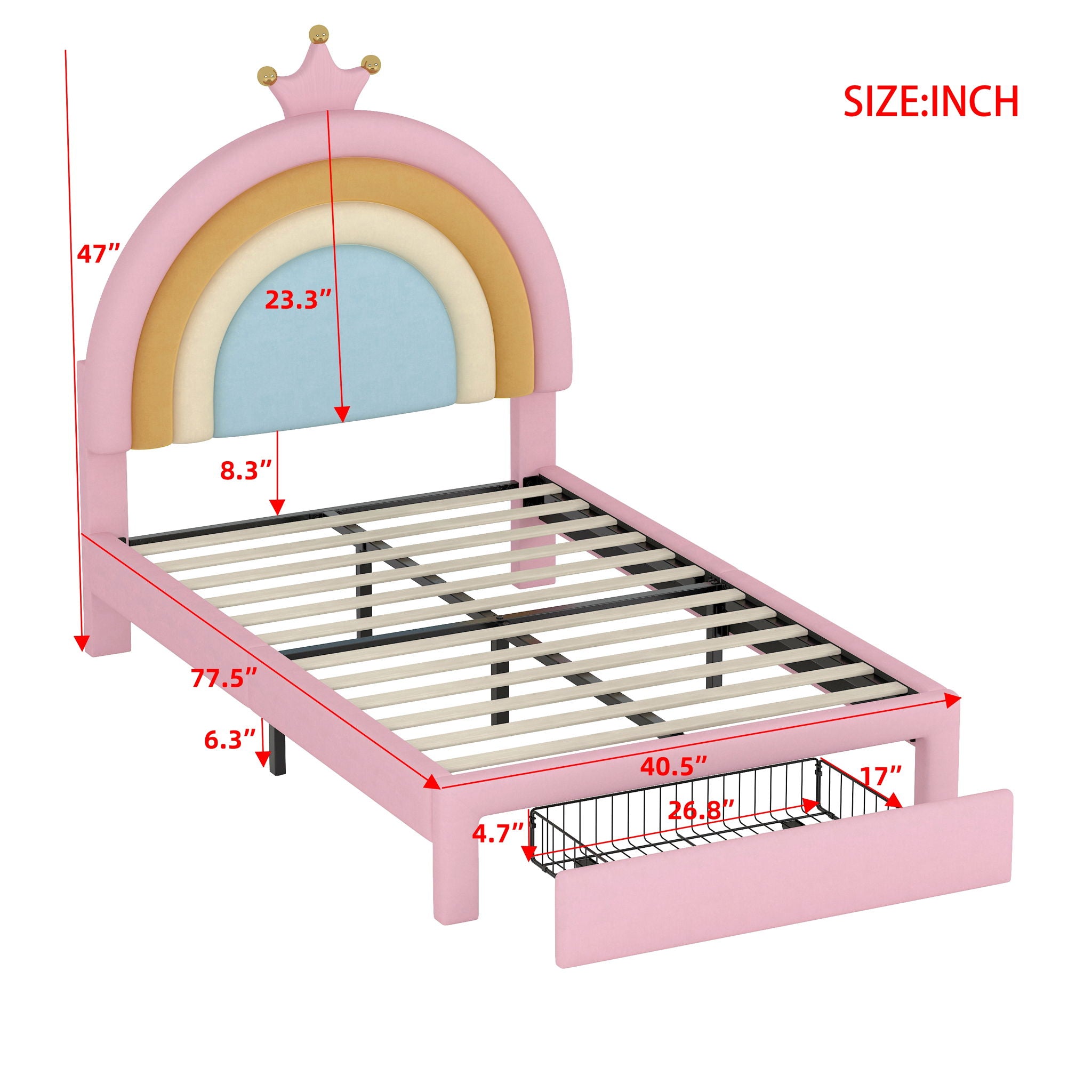 Upholstered Rainbow Design Bed, Velvet Princess Platform Bed With Storage Drawer
