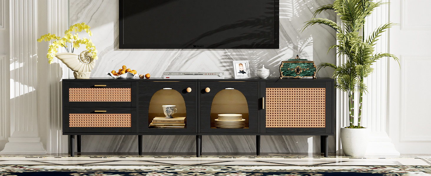 Rattan TV Stand With 3 Cabinets & 2 Drawers, Rattan-Inspired Media Console Table For Tvs Up To 80'', LED Light Entertainment Center, TV Cabinet For Living Room - Black