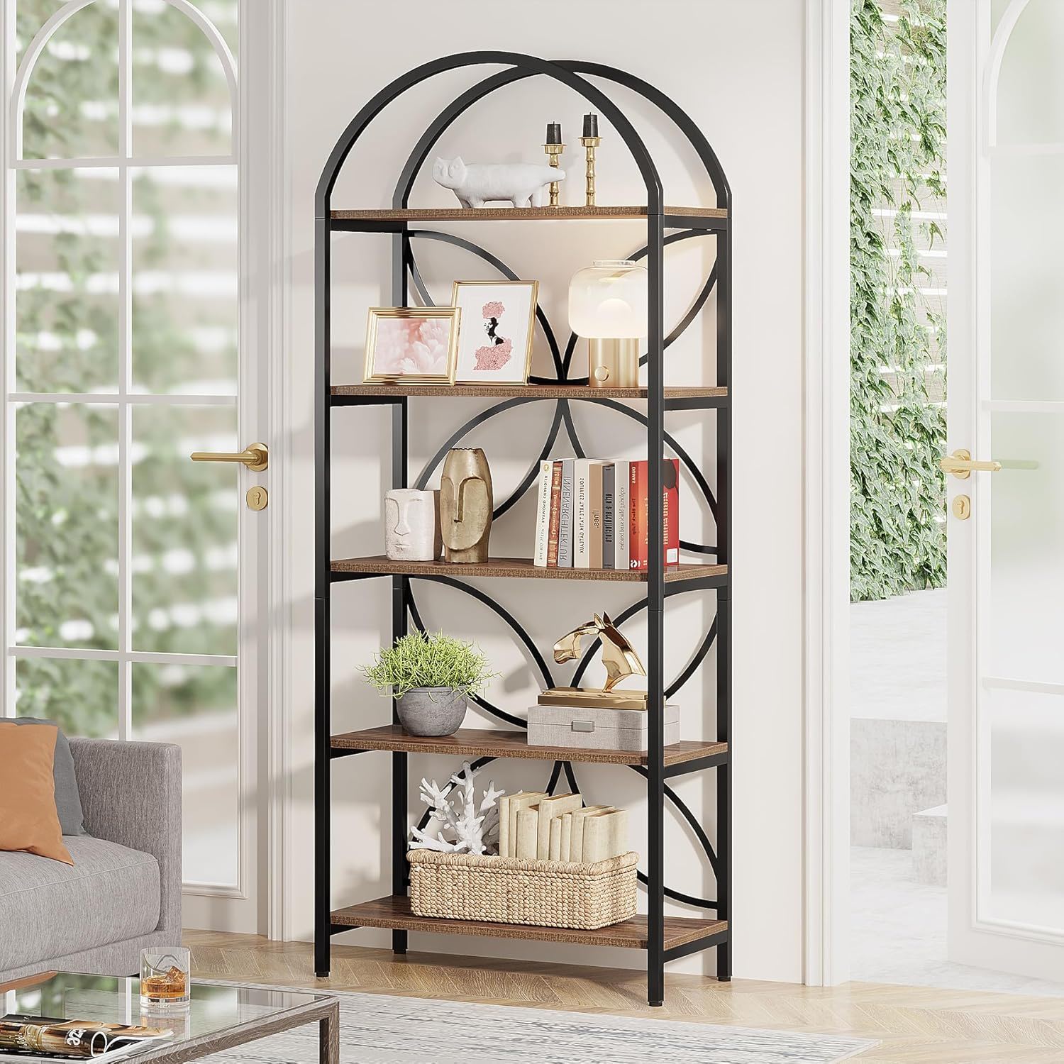 Tall 5 Tier Arched Bookshelf With Shelves For Living Room - Rustic Brown