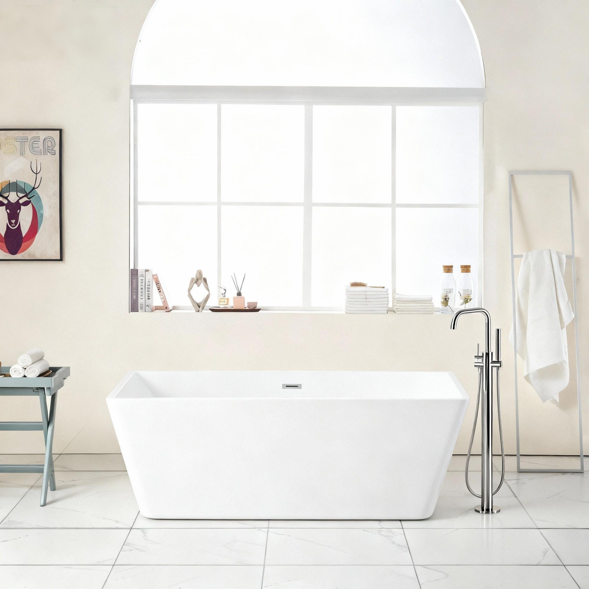 Glossy Freestanding Soaking Tub With Drain, Spacious Stand Alone Bathtub For Bathrooms - Glossy White