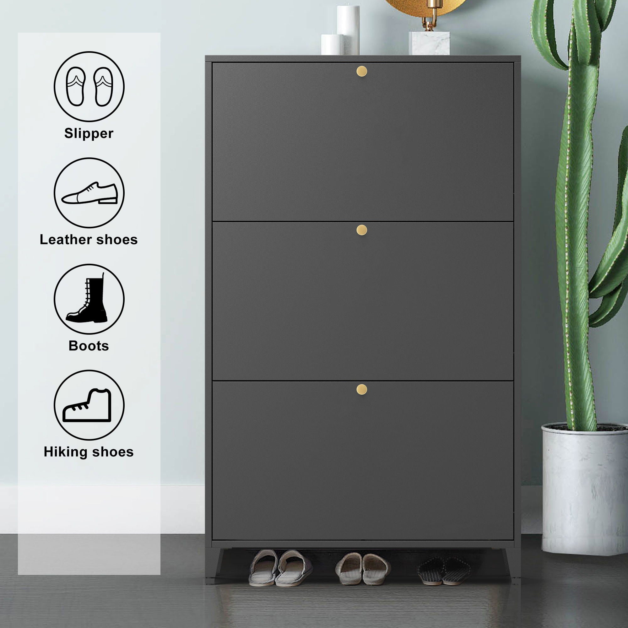 3 Drawer All Steel Shoe Cabinet, Freestanding Storage Organizer With Flip Door
