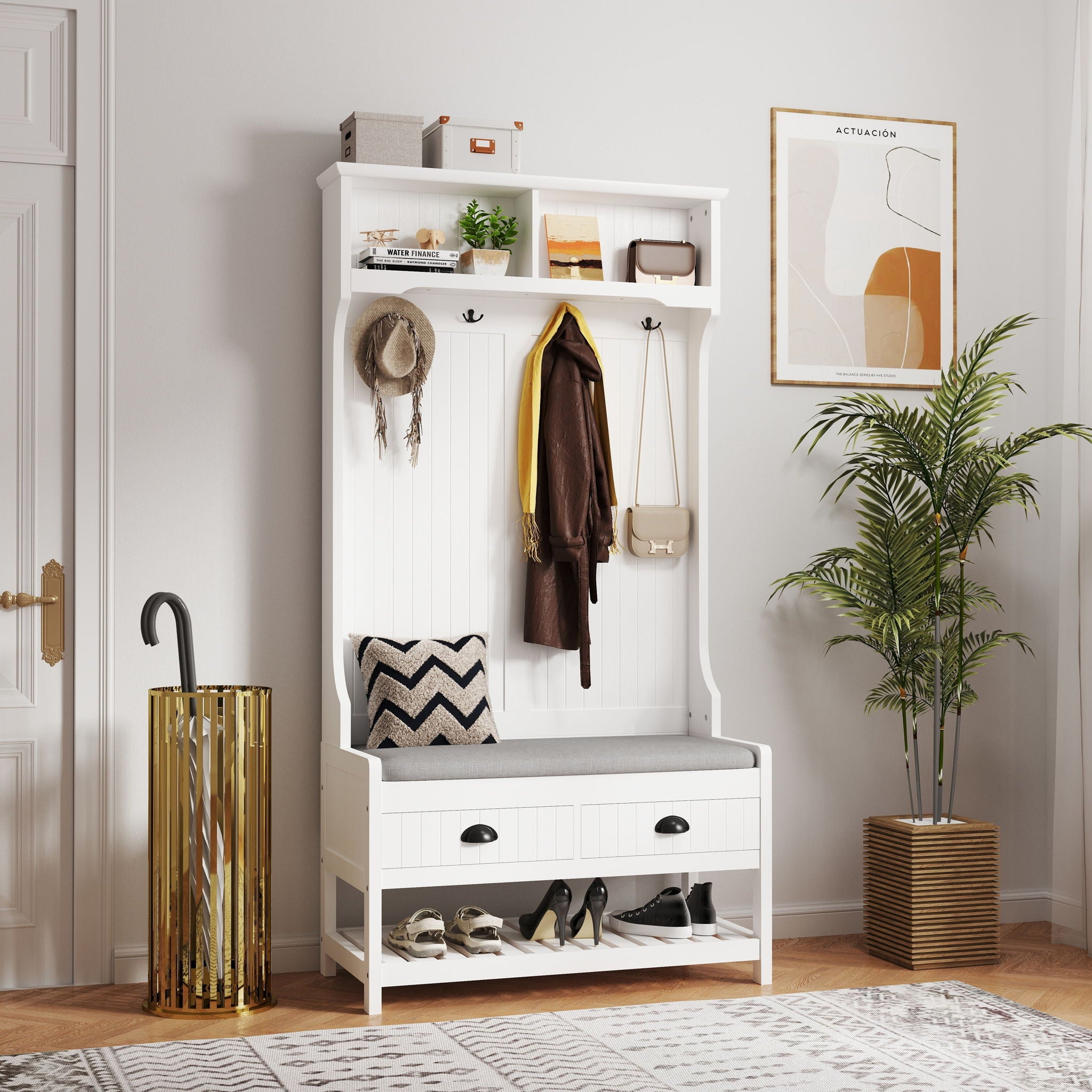 Modern 3 In 1 Hallway Hall Tree With Storage Drawers, Coat Rack, Shoe Rack Bench And Cushion
