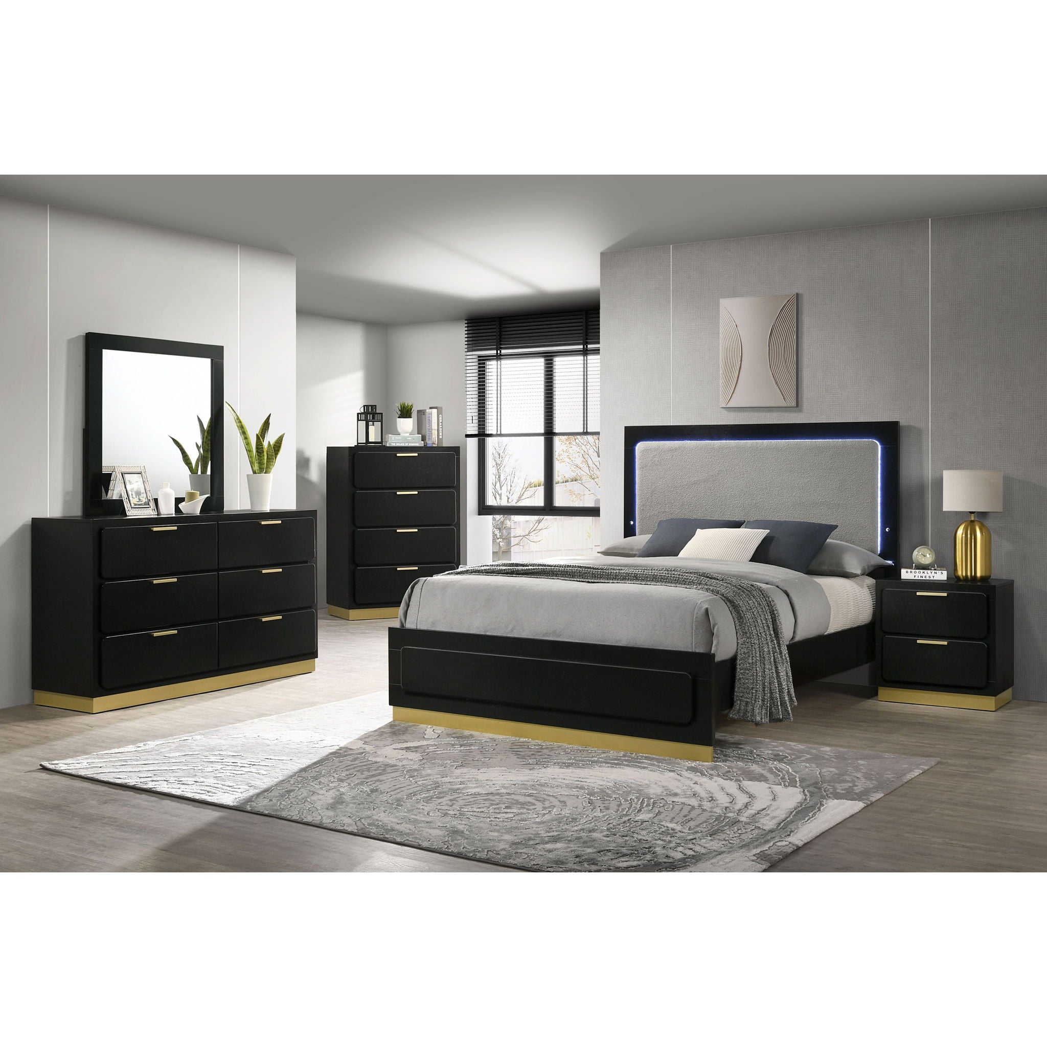 5 Piece California King Bedroom Set With Upholstered Headboard - Black