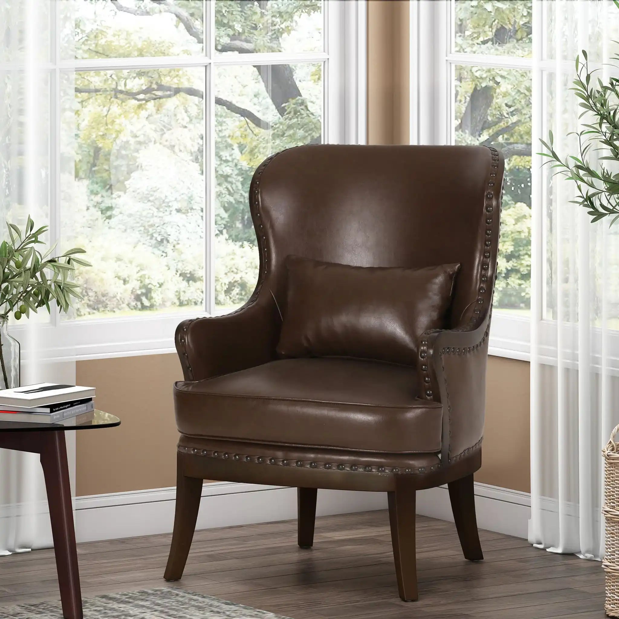 Accent Chair With Nailhead Trim And Birch Wood Legs - Dark Brown