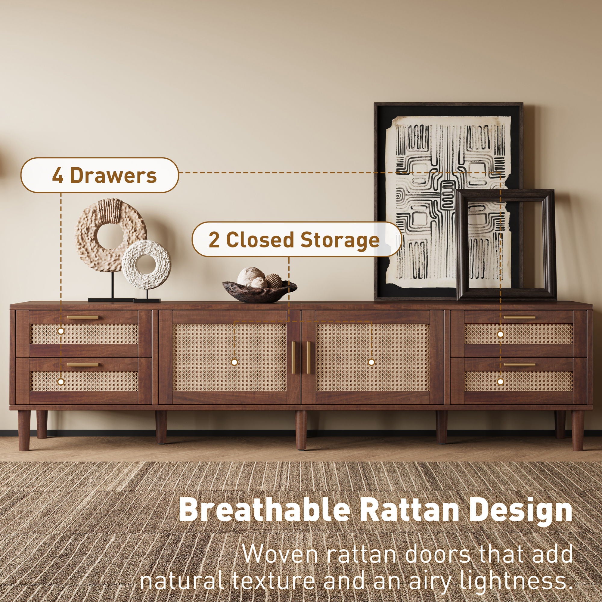 TV Stand, Media Console With 4 Drawers, Soft Closing Hinges - Dark Brown