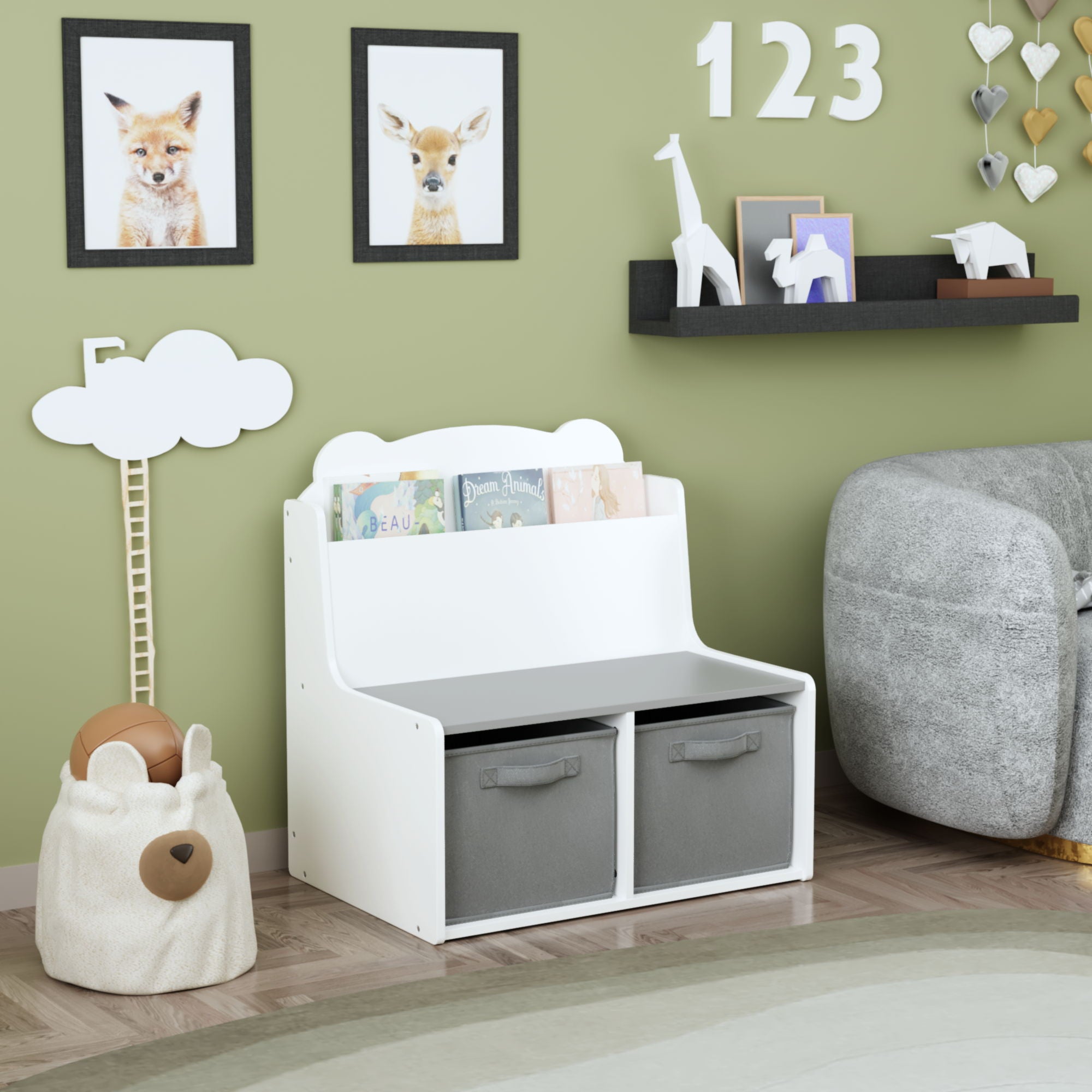 Bookshelf With Storage Bins, Bookcase With Book Display Shelf And 2 Bins, Cute Bear Shaped Backboard, Toy Organizer - White