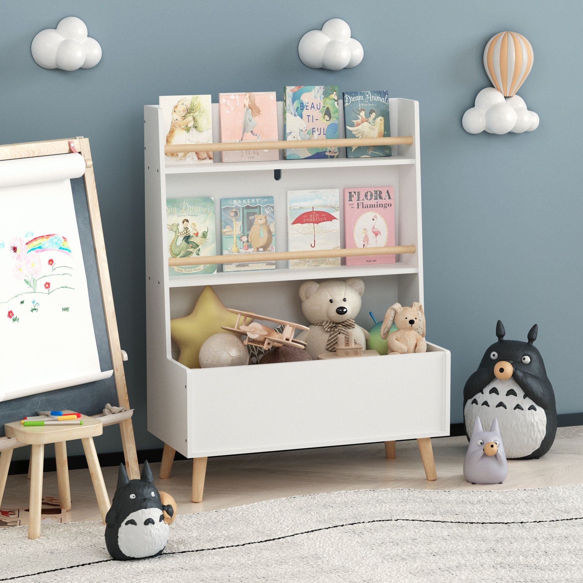 Bookshelf , Book Organizer With Toy Storage - White