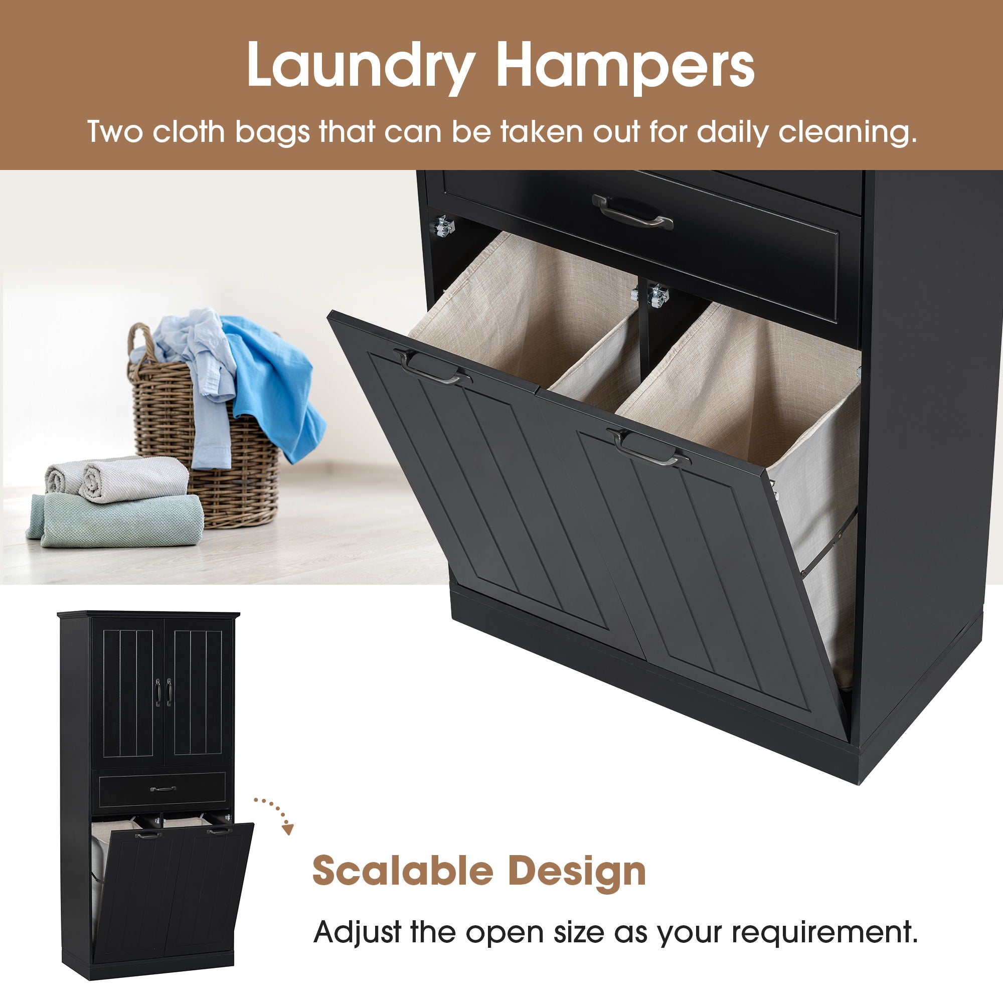 Modern Bathroom Storage Cabinet With Two Laundry Baskets, One Drawer, Adjustable Shelf