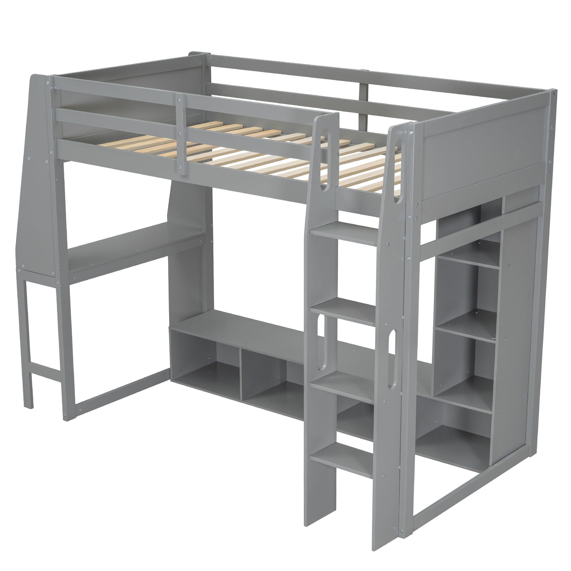 Gaming Loft Bed With Desk, Multi Storage Shelves, LED Lighting, And Hanging Clothes Rack