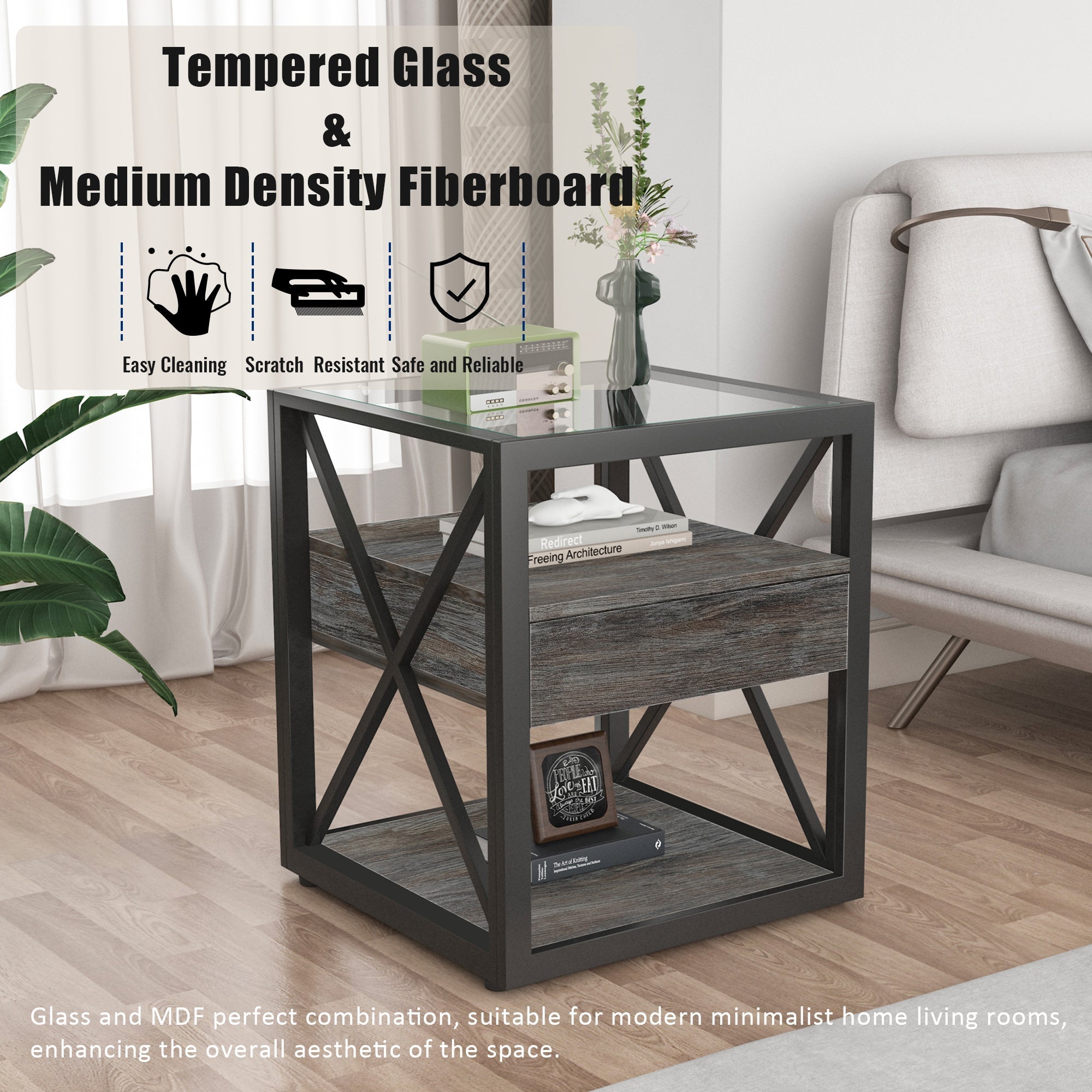 Set of 2 Modern End Tables with Drawer - Nightstand