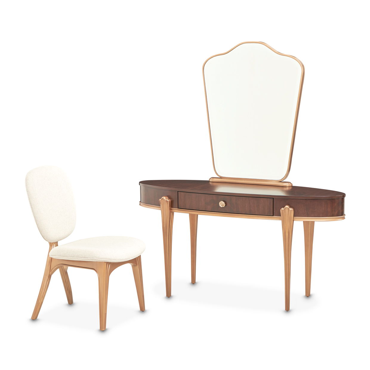 Camellia Field - Vanity With Mirror & Chair - Warm Pecan