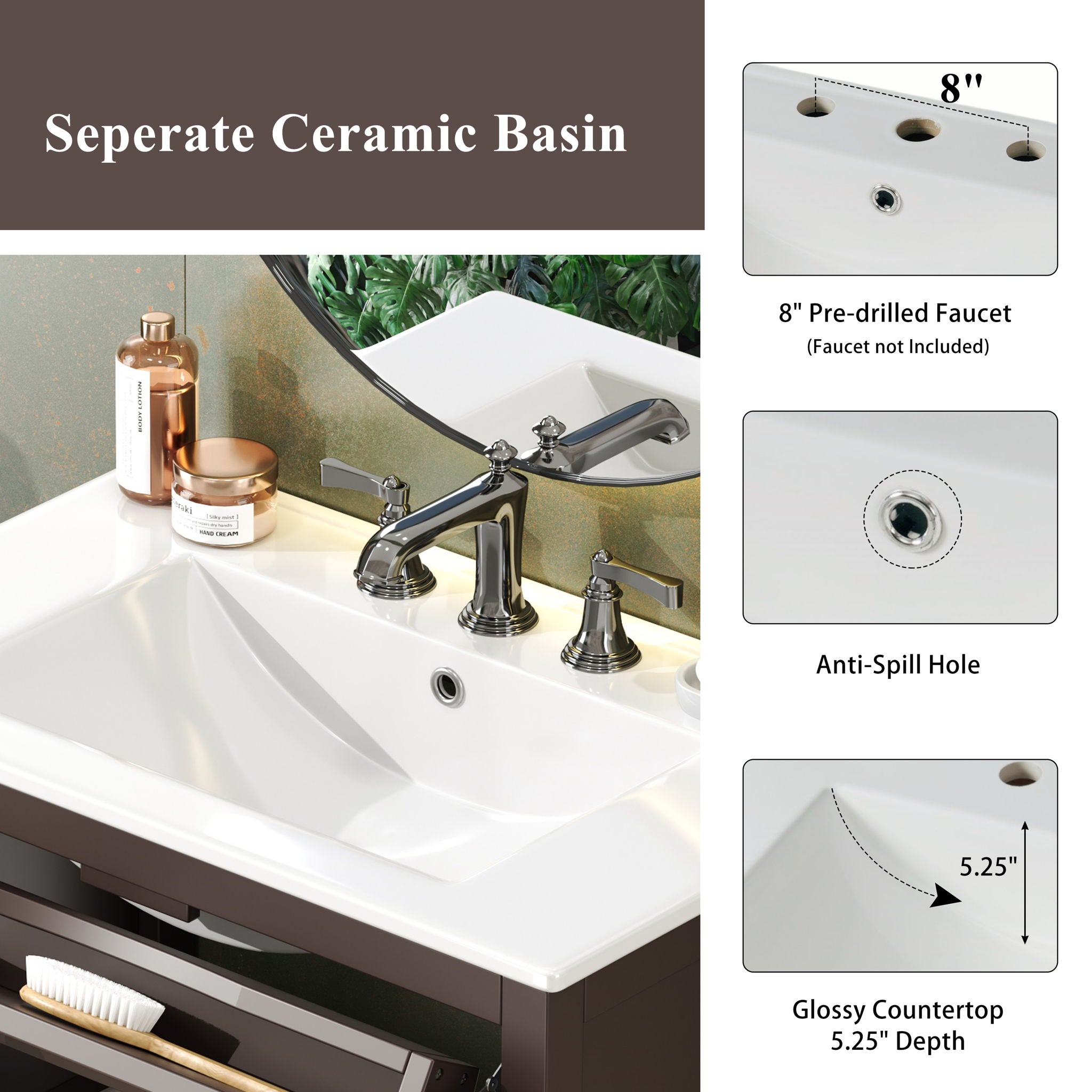 Bathroom Vanity With Ceramic Sink, Adjustable Shelf & Tip Out Tray