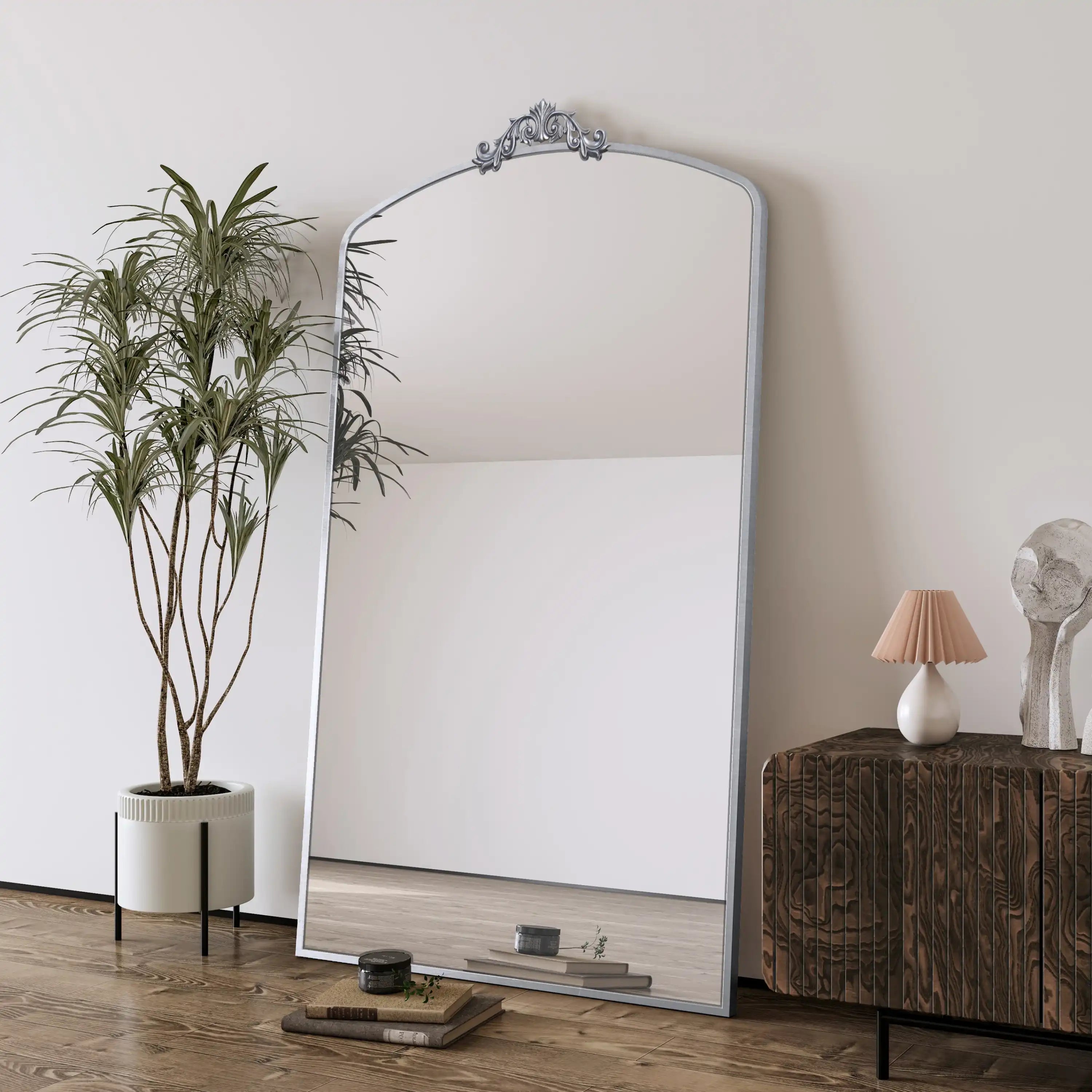 36x66 Vintage Arched Floor Mirror, Metal Frame, Antique Silver