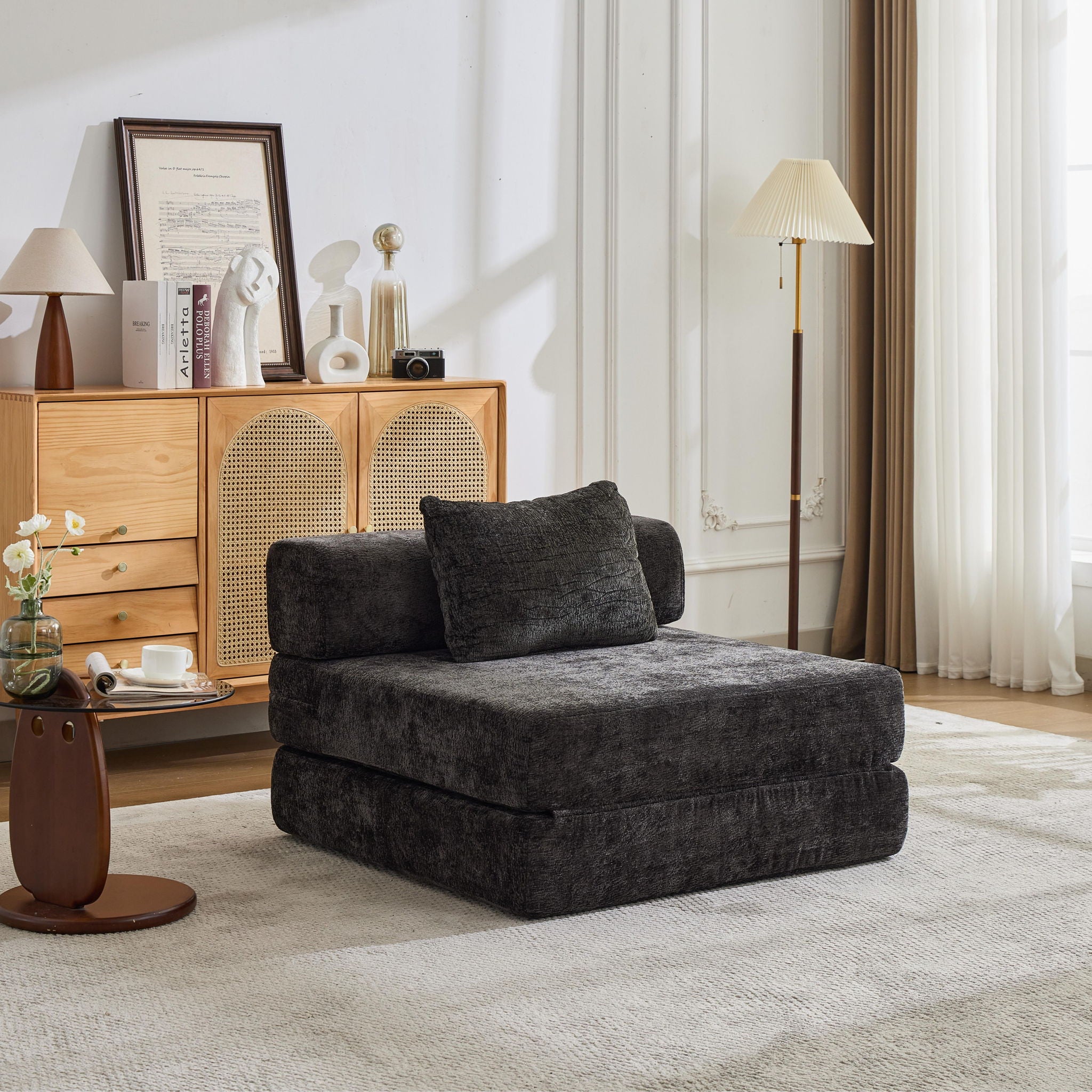 Convertible Floor Sofa Bed With Fixed Shape Frame For Living Room - Black