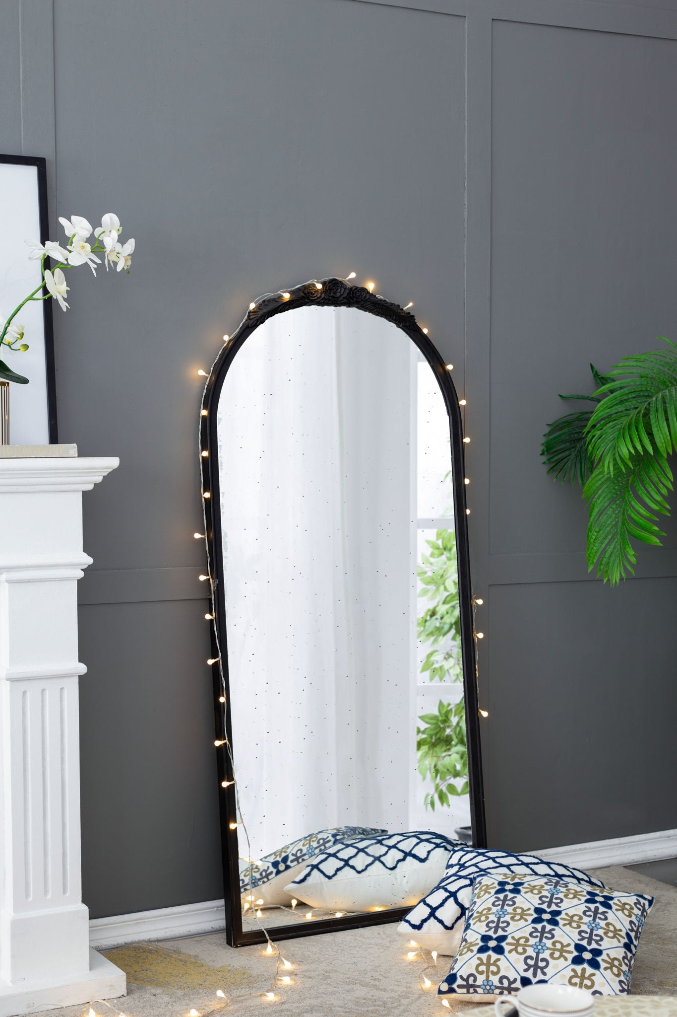 Hand Carved Rose Antique Mirror Frame, Wood Arch Mirror Wall Decor For Living Room