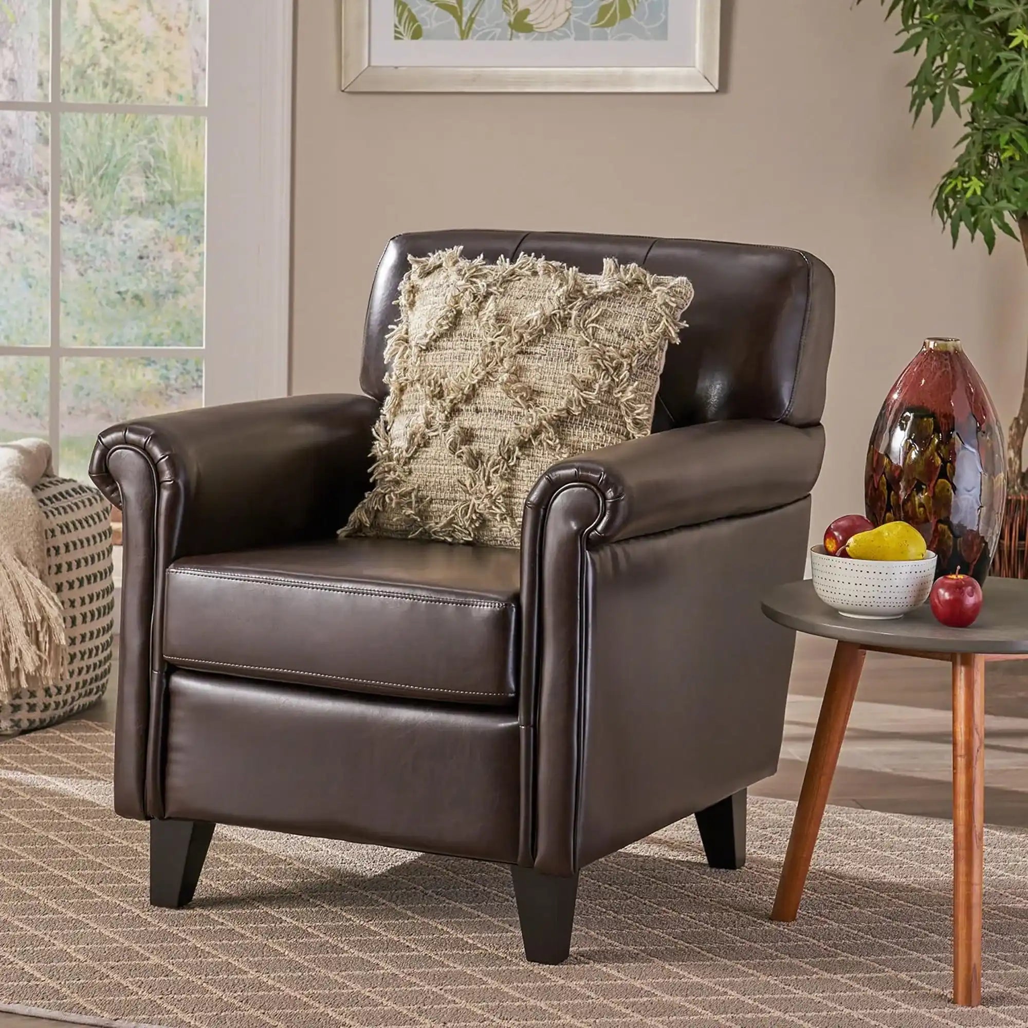 Upholstered Club Chair With Button Tufted Back Rest - Brown