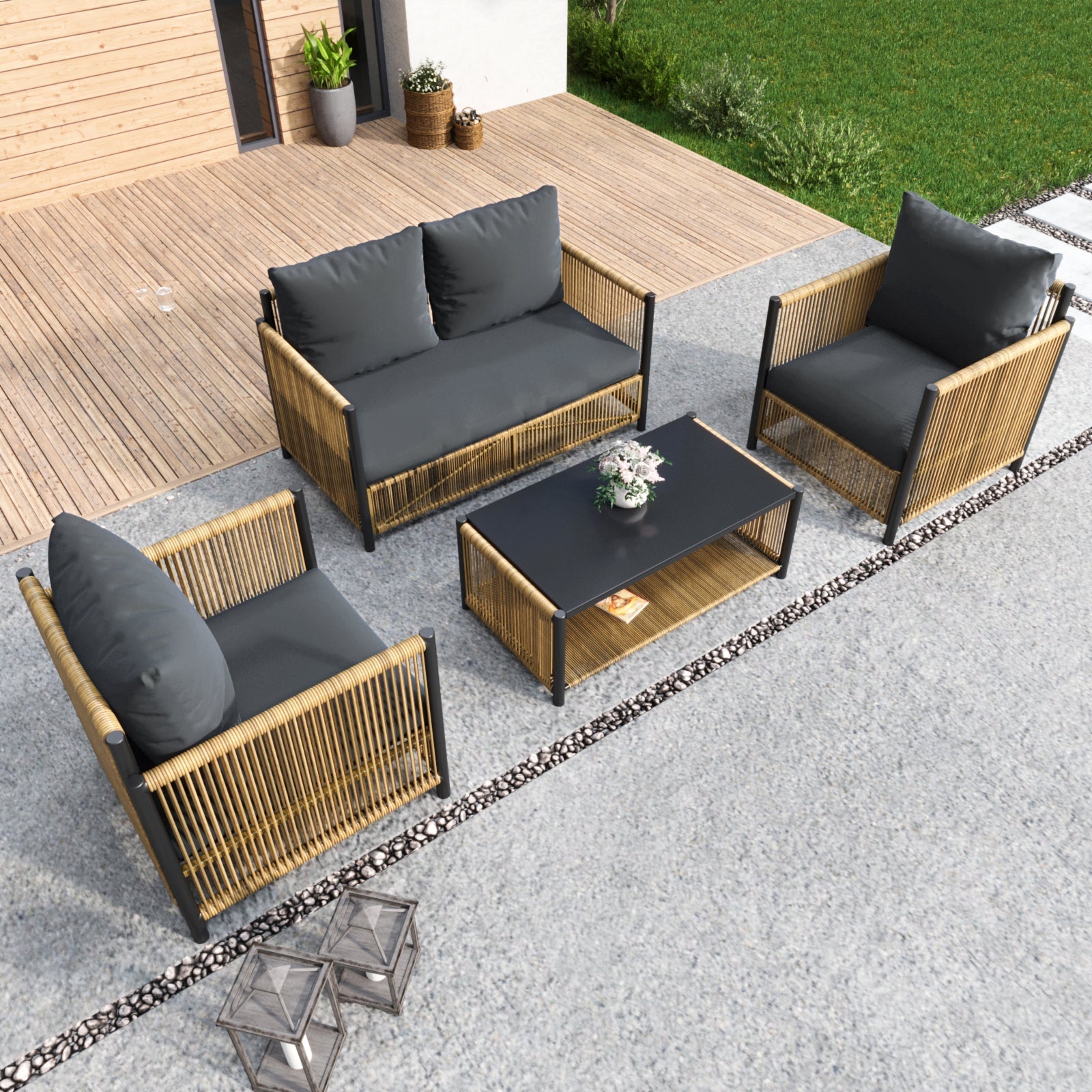 Patio 4-Piece Brown PE Wicker Sofa Set with Grey Cushions