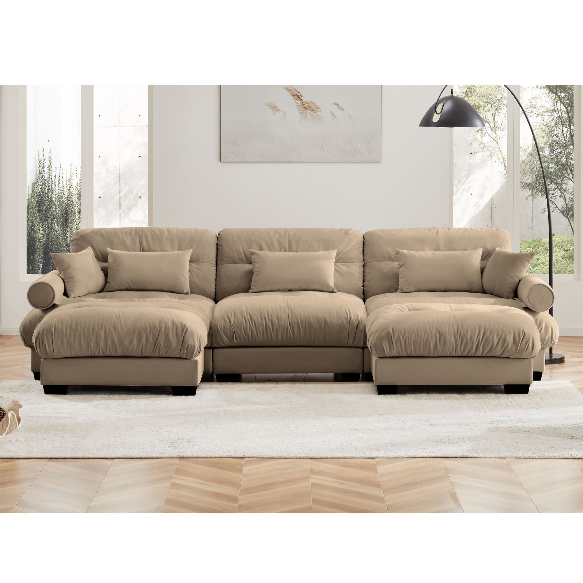 Modern Sectional Sofa With Ottoman, Round Bolster Armrests, Waist And Throw Pillows