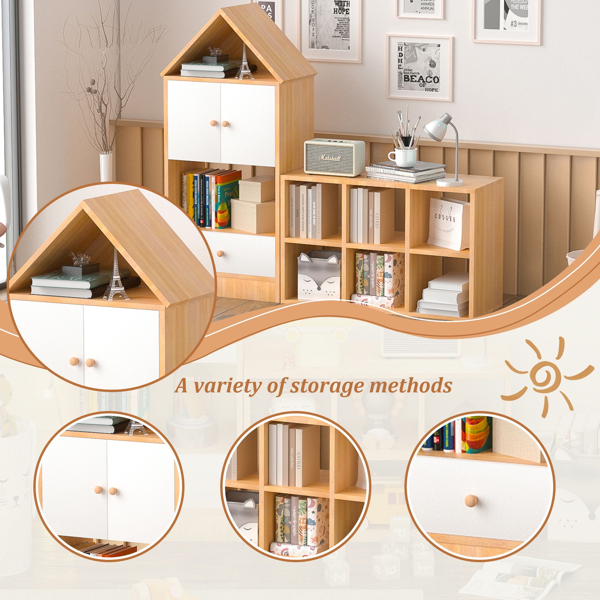 Versatile Children's Bookshelf With House Shaped Design, Multi Functional Storage