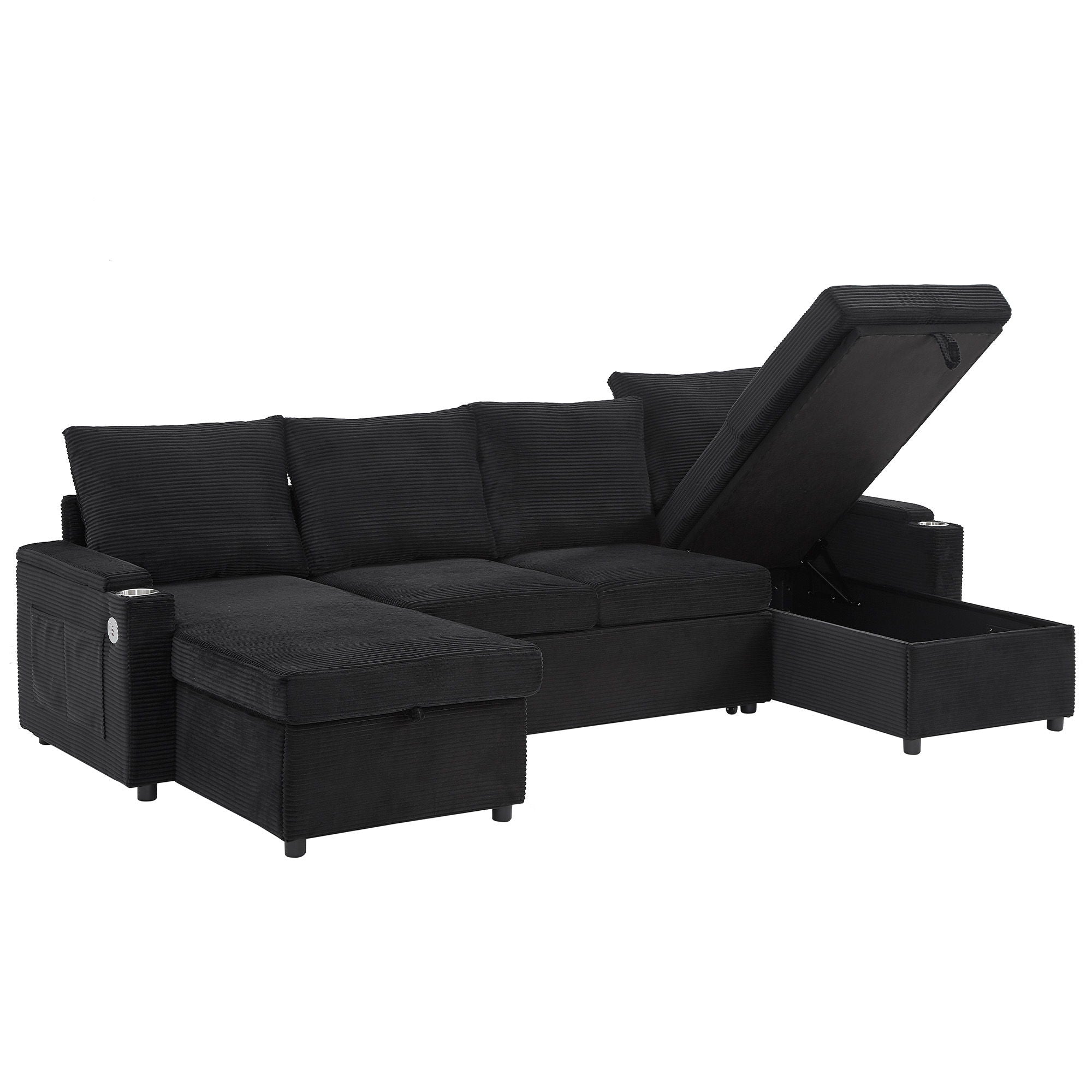 U Shaped Sectional Sofa Bed With Storage Chaise Lounges, USB Ports, And Cup Holders