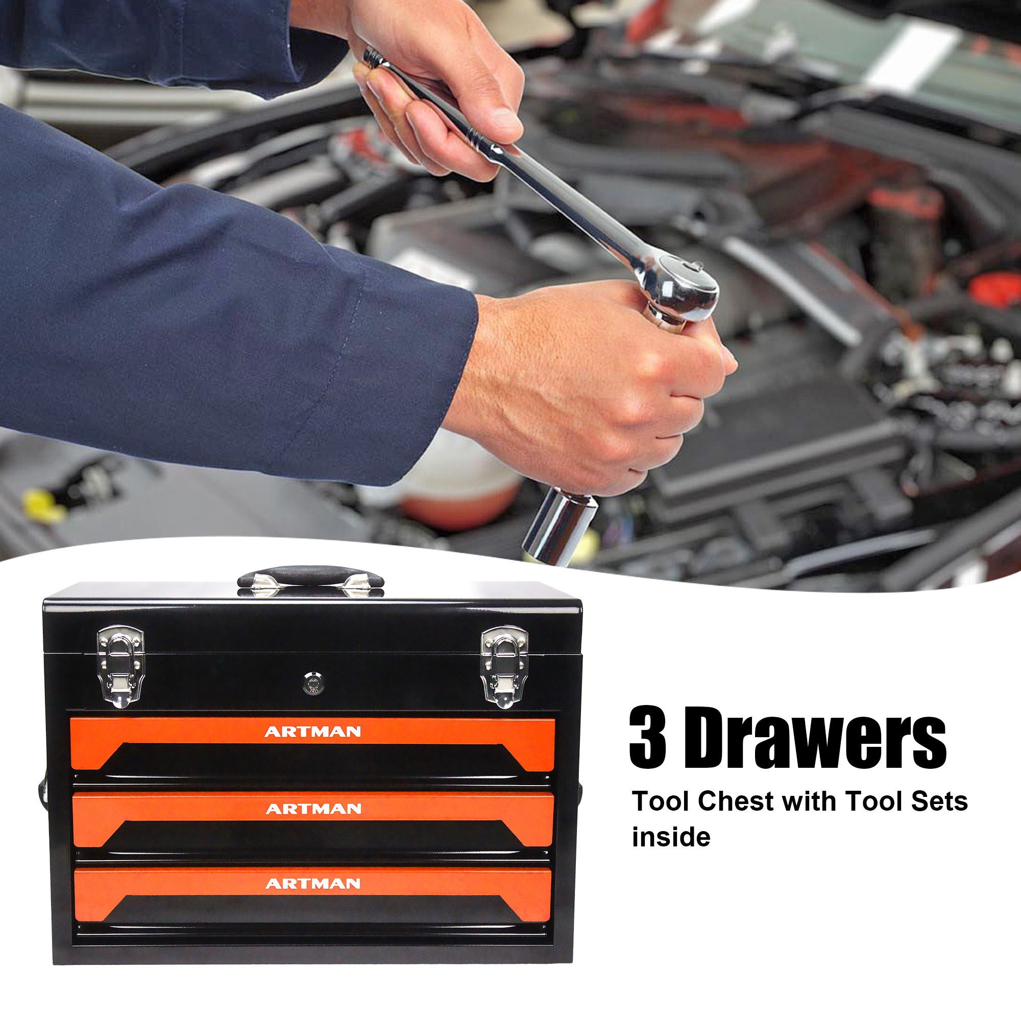 Portable 3 Drawer Steel Toolbox, 4 Layers Of Tools With Metal Latches, With Storage Tray And Carrying Handle