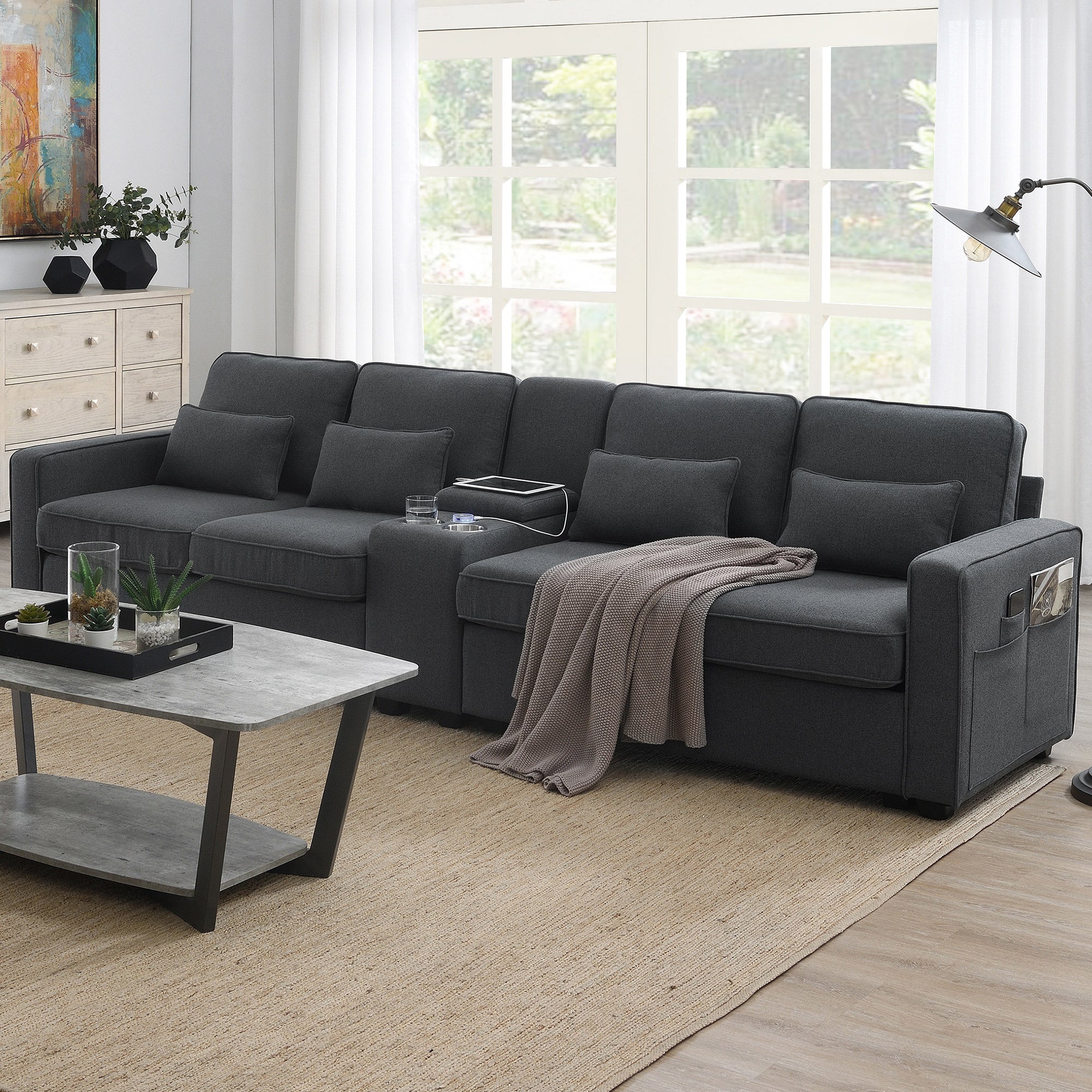 114.2" Modern Upholstered Sofa with Console, 4 Seats