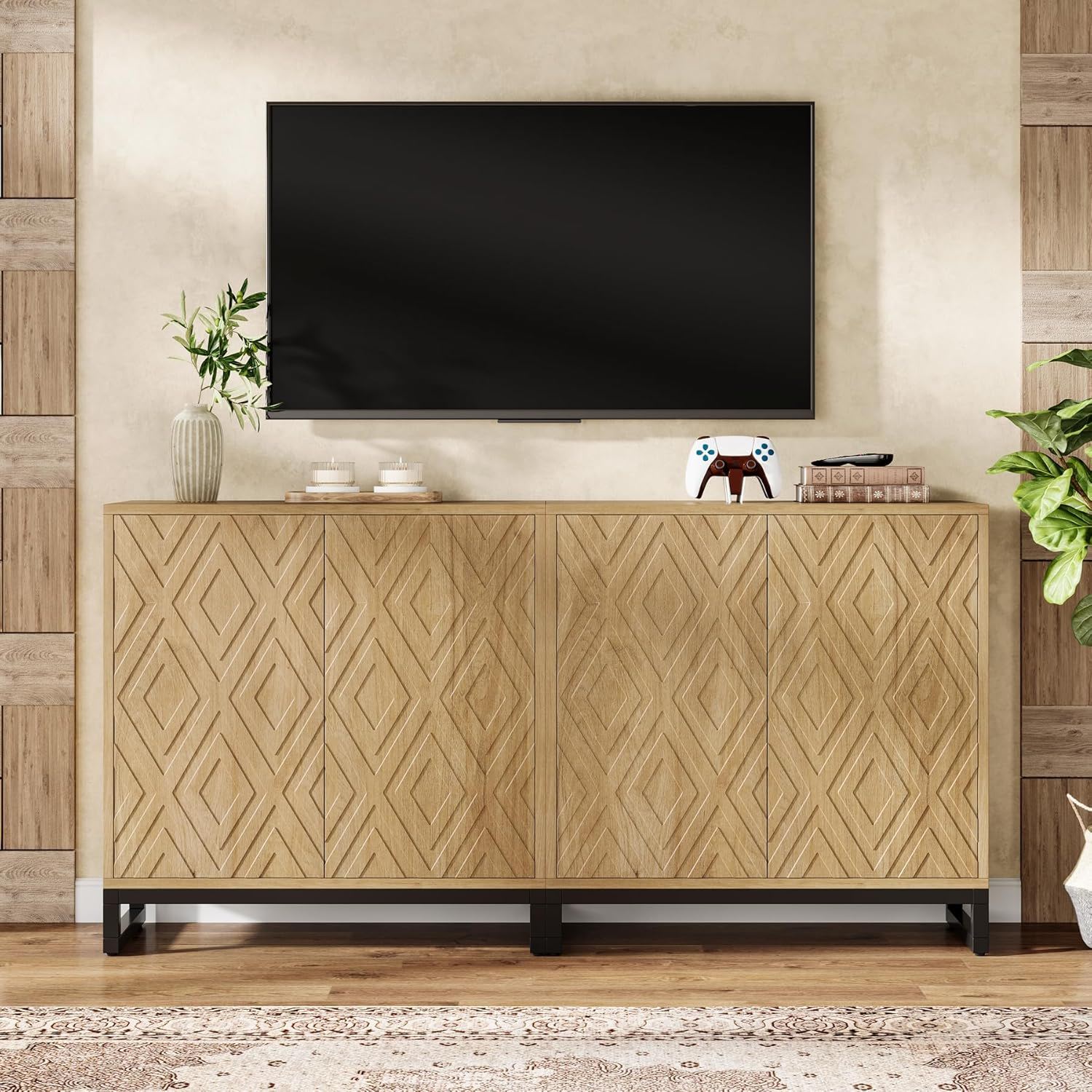 Sideboard Buffet Cabinet With 4 Doors & Shelves, Credenza Table For Dining Room - Warm Brown
