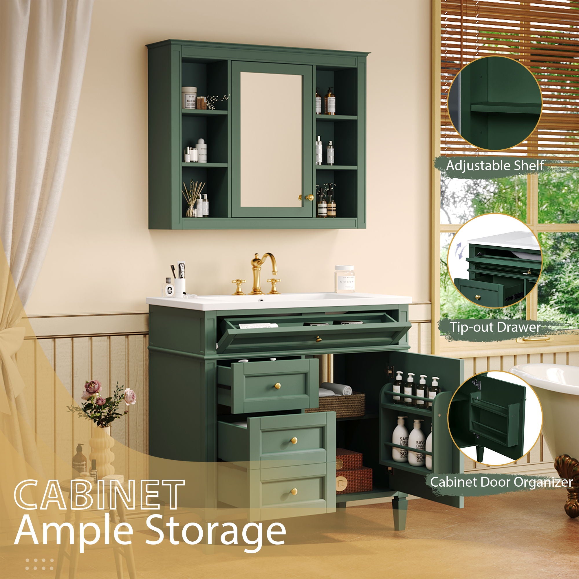 Bathroom Vanity With Mirror Cabinet, Single Sink With 2 Soft Closing Doors And 4 Drawers