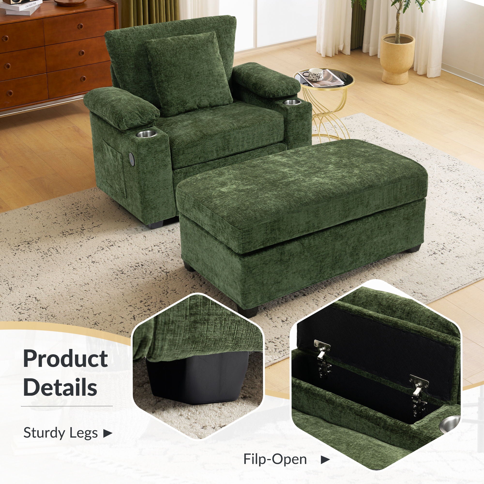 Modern Oversized Chair With Ottoman, Cupholders And USB Charging Ports