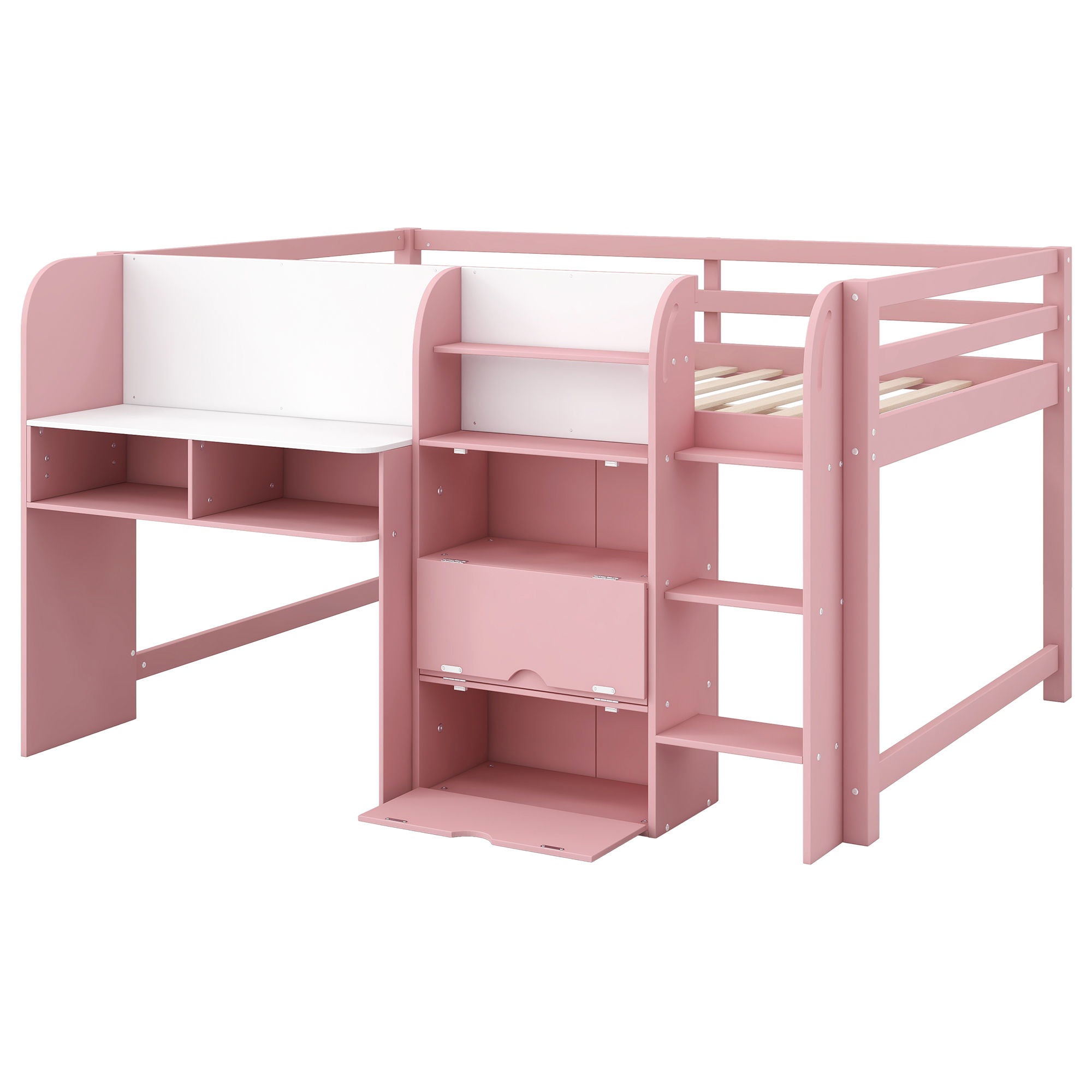Low Loft Bed With Built In Desk, Storage Cabinets, Open Bookcase And Doodle Blackboard