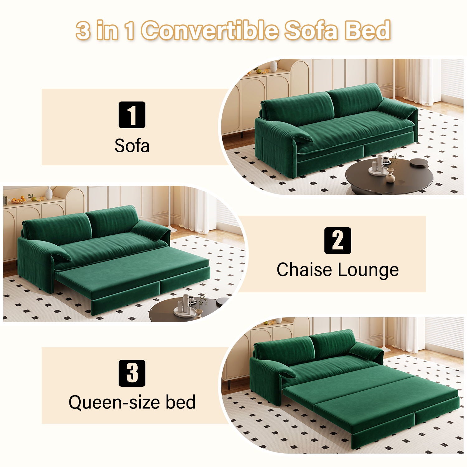 Queen Pull Out Sofa Bed, 3 In 1 Convertible Sleeper Sofa With Side Storage For Living Room - Green