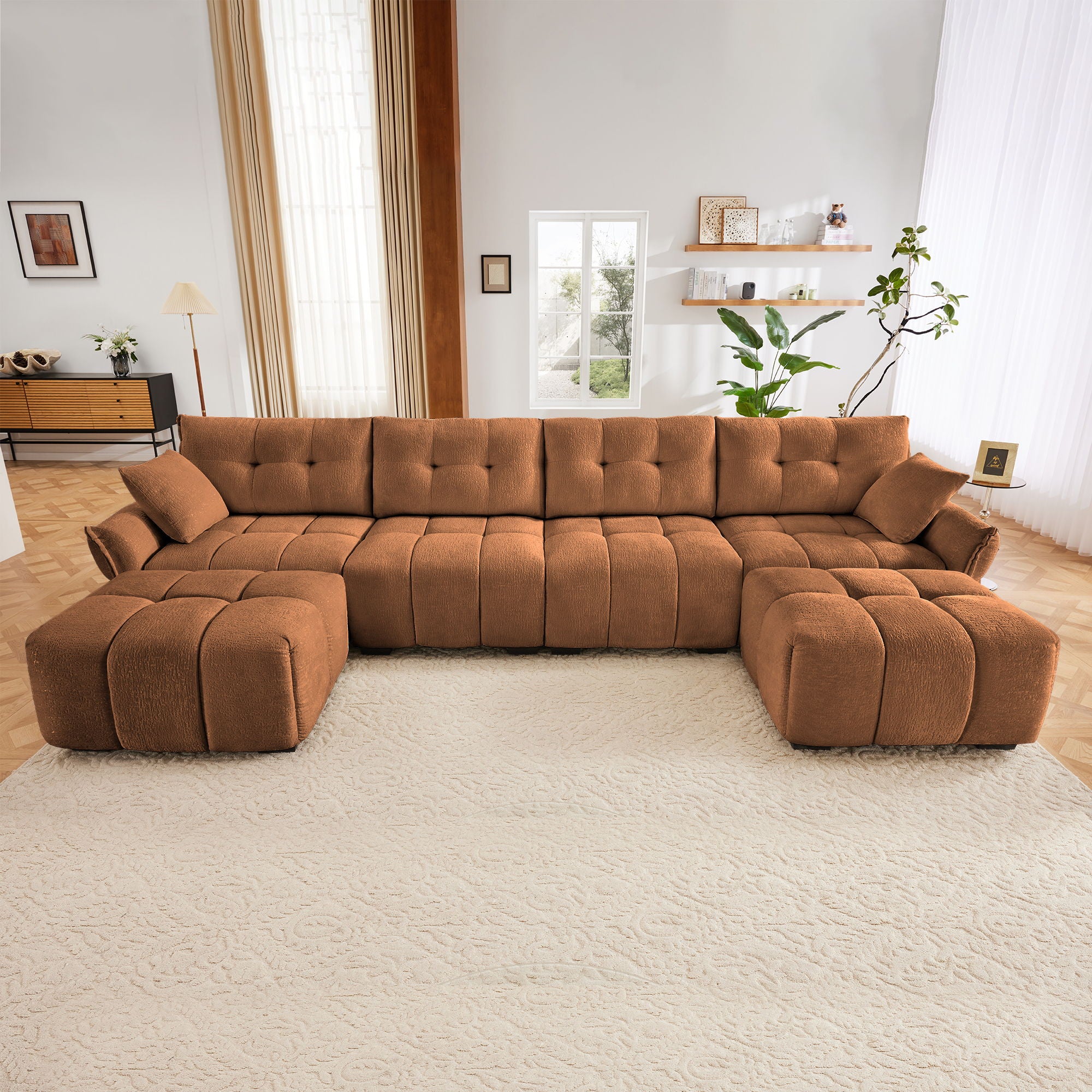 Sofa Set With Ottoman And Pillows, Textured, High Resilience Cushions