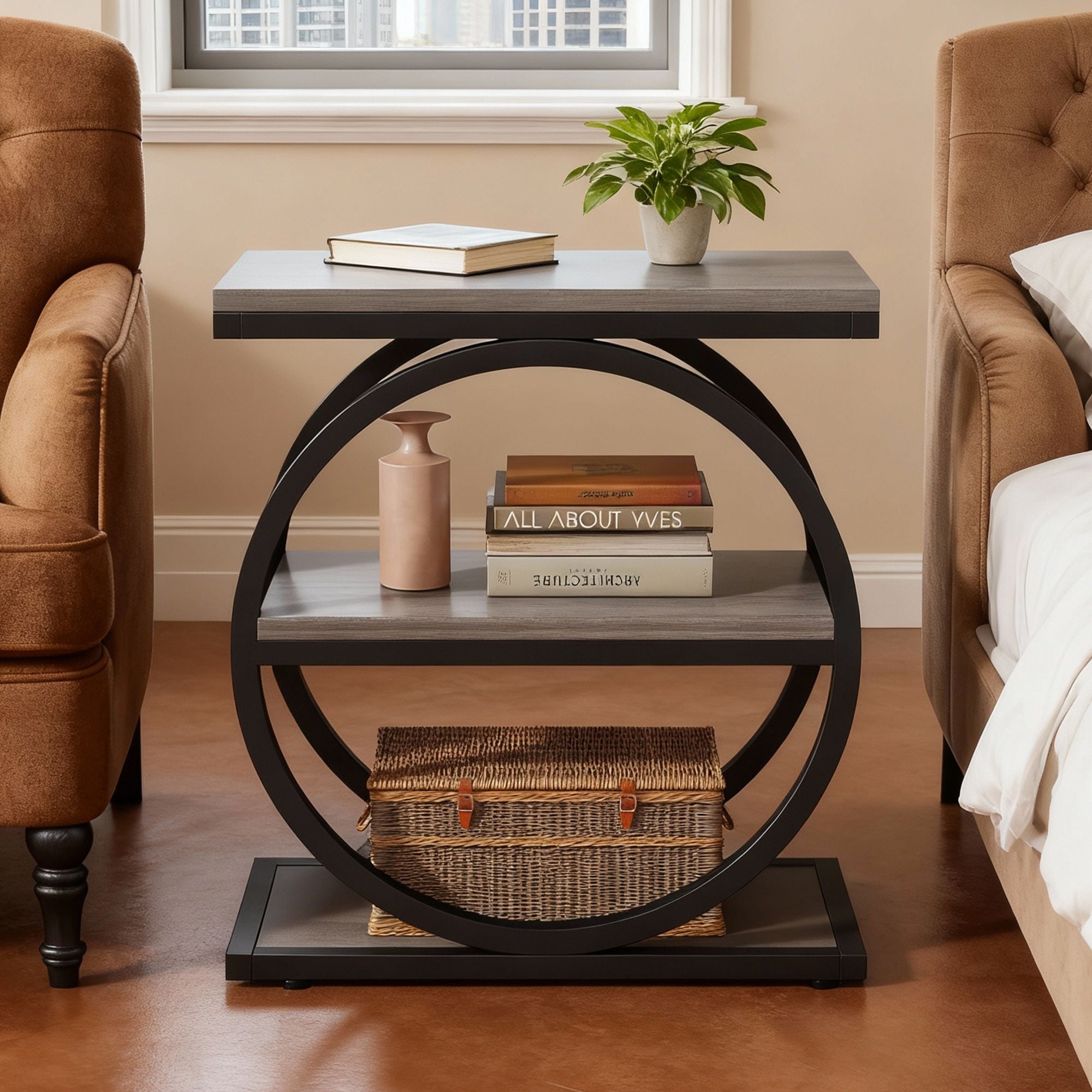 Industrial Narrow End Table With 3 Shelves