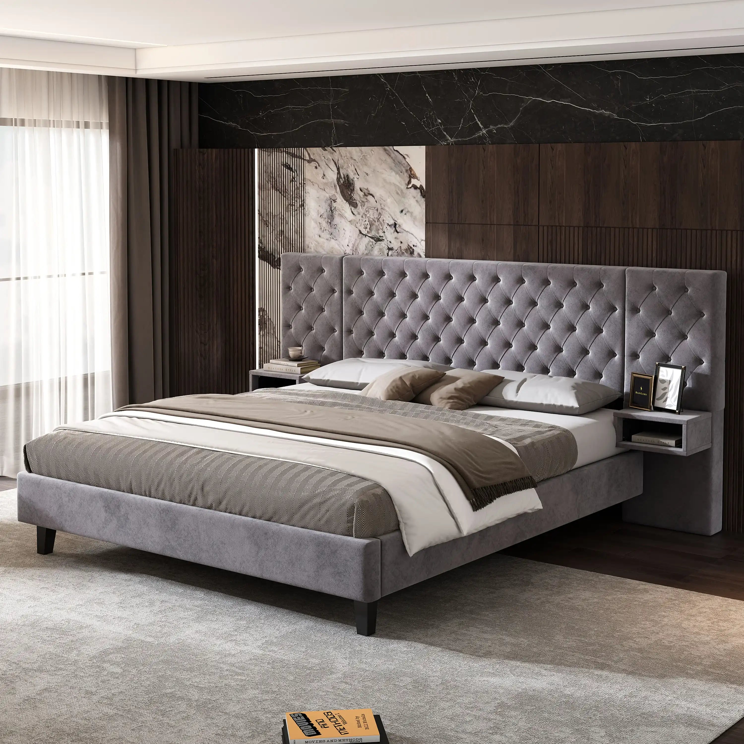King Size Platform Bed with 2 Nightstands set