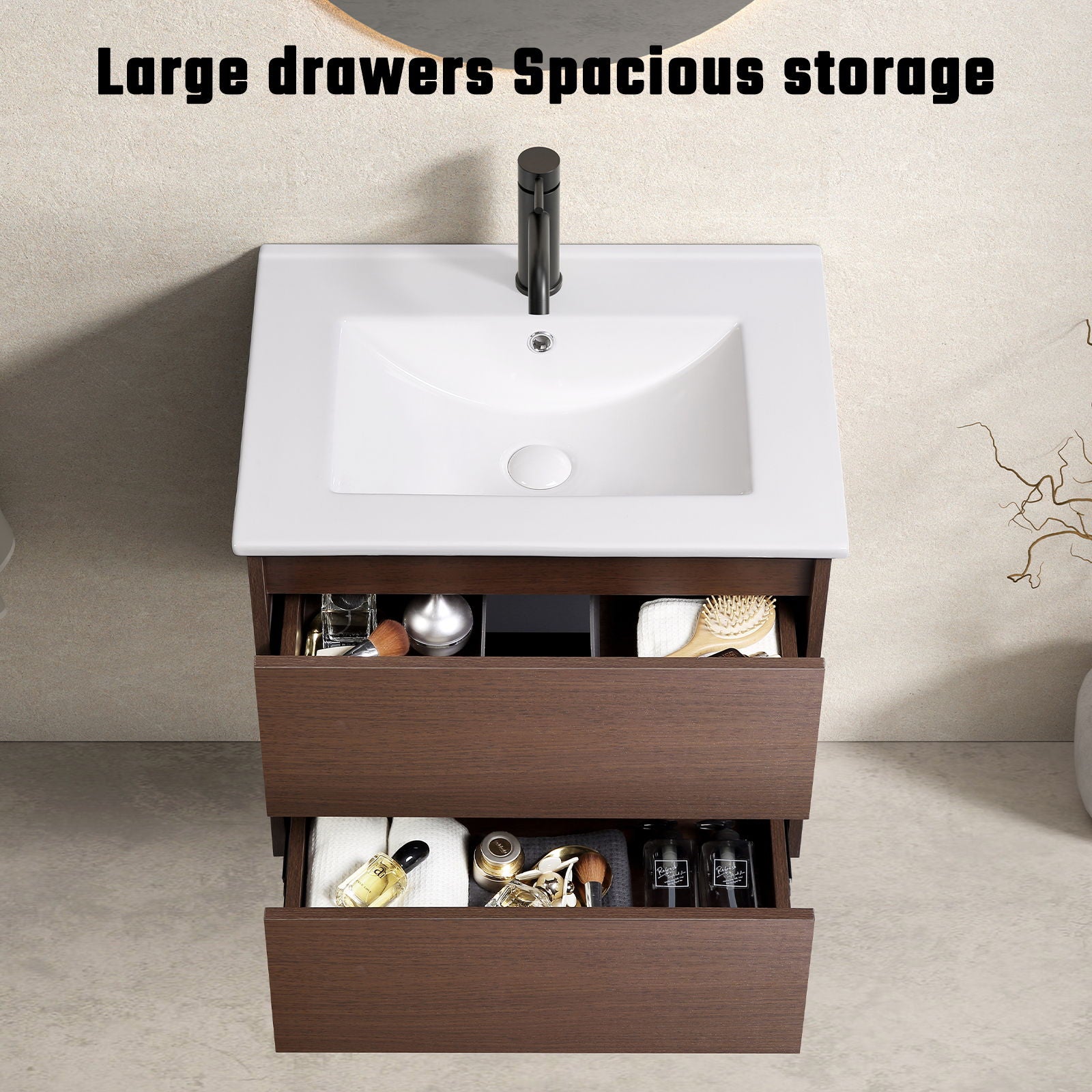 Wall-Mounted Bathroom Vanity, Soft-Close Drawer, Premium Slides - Black Brown