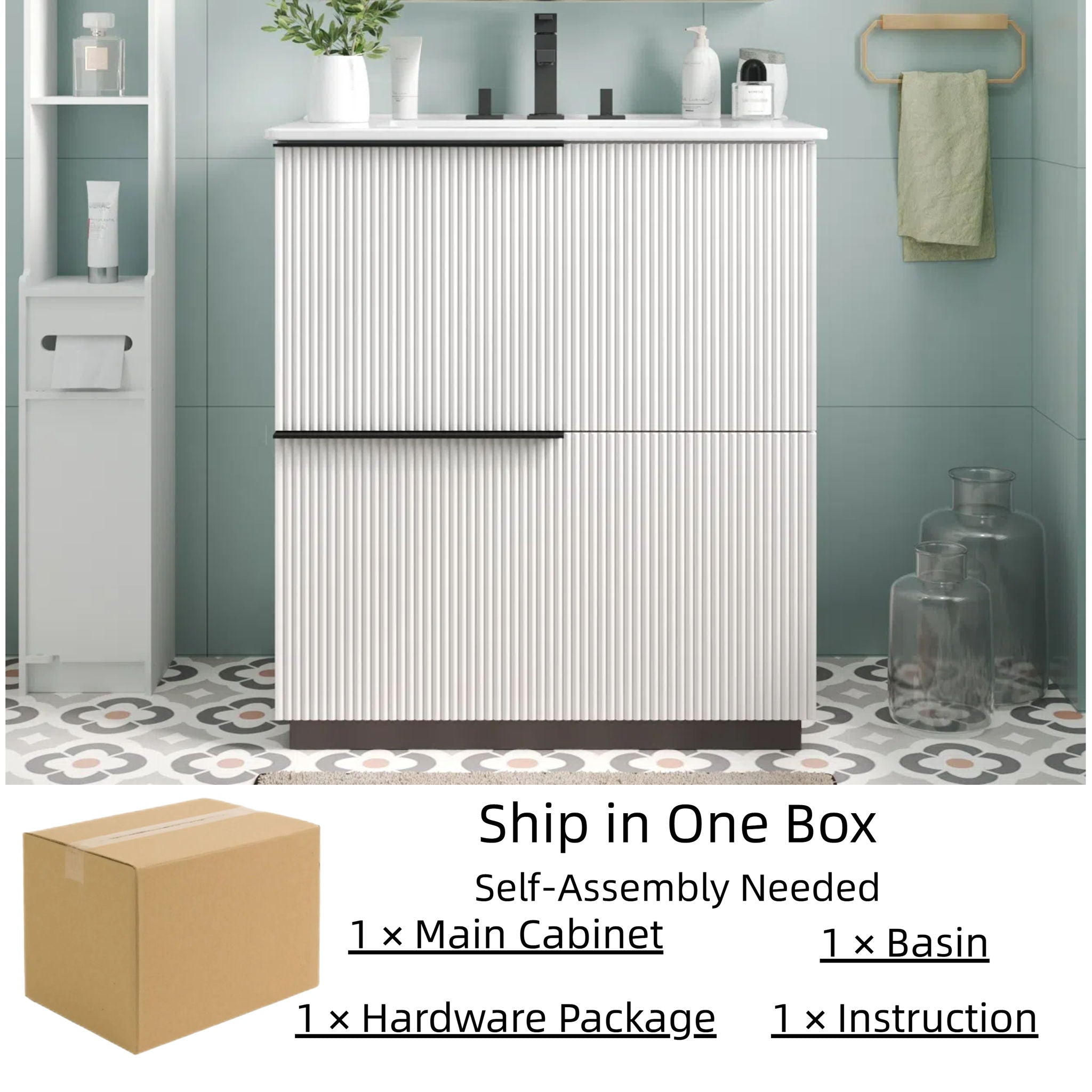 Fluted Bathroom Vanity With Ceramic Sink, Soft Close Slides