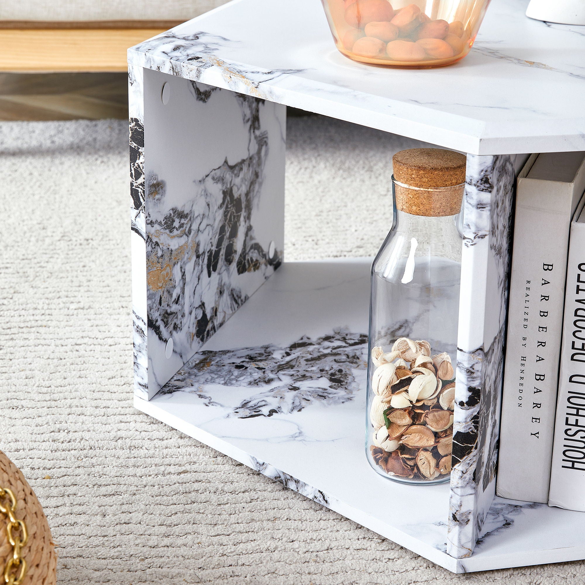 Hexagonal Coffee Table With Characteristic Pattern Stickers And Multi-Hole Design For Extra Storage