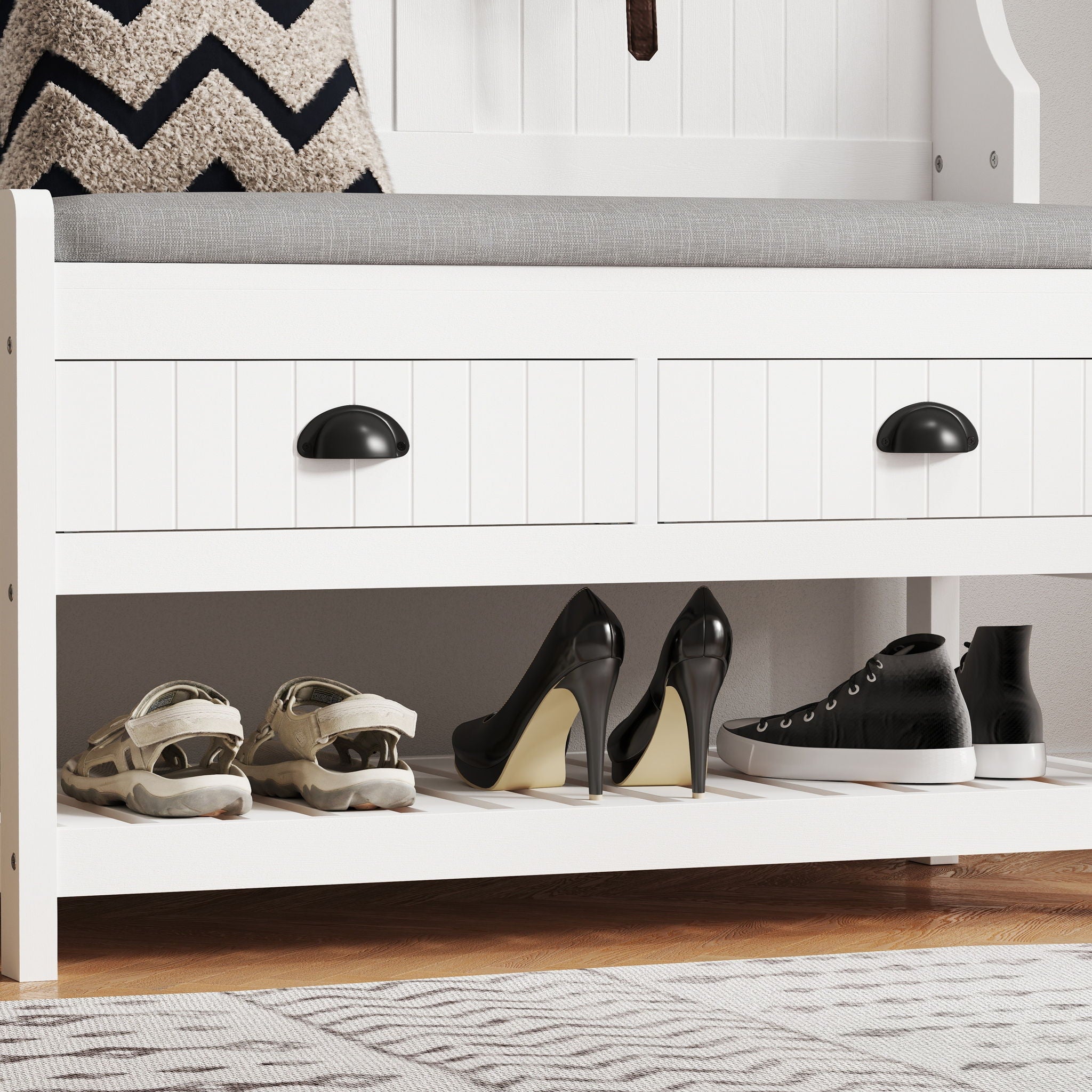 Modern 3 In 1 Hallway Hall Tree With Storage Drawers, Coat Rack, Shoe Rack Bench And Cushion