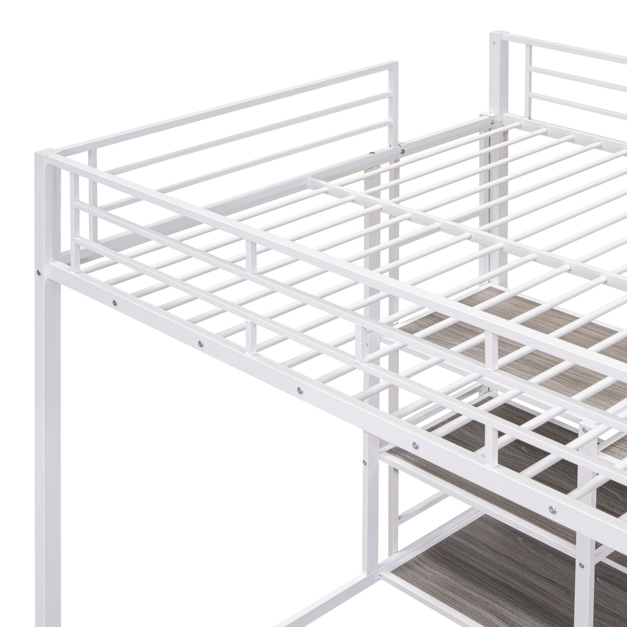 Metal Loft Bed With Desk, 3 Shelves And Ladder