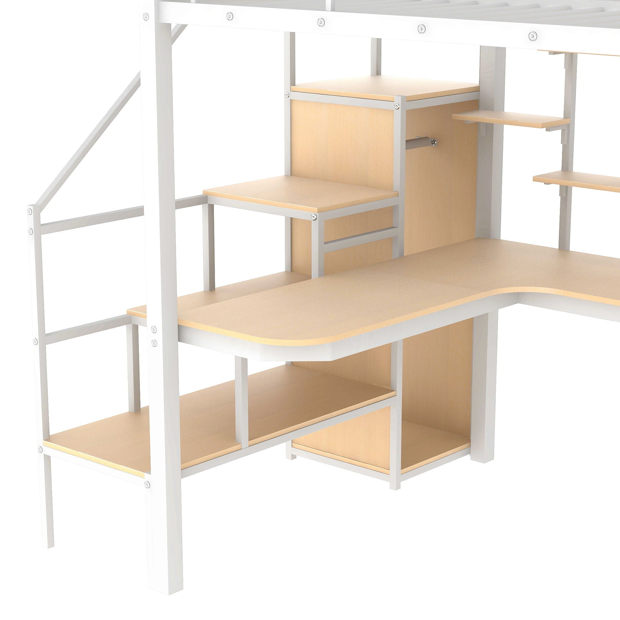 Loft Bed With Storage Staircase And Small Wardrobe, Built - In Desk And Storage Shelves