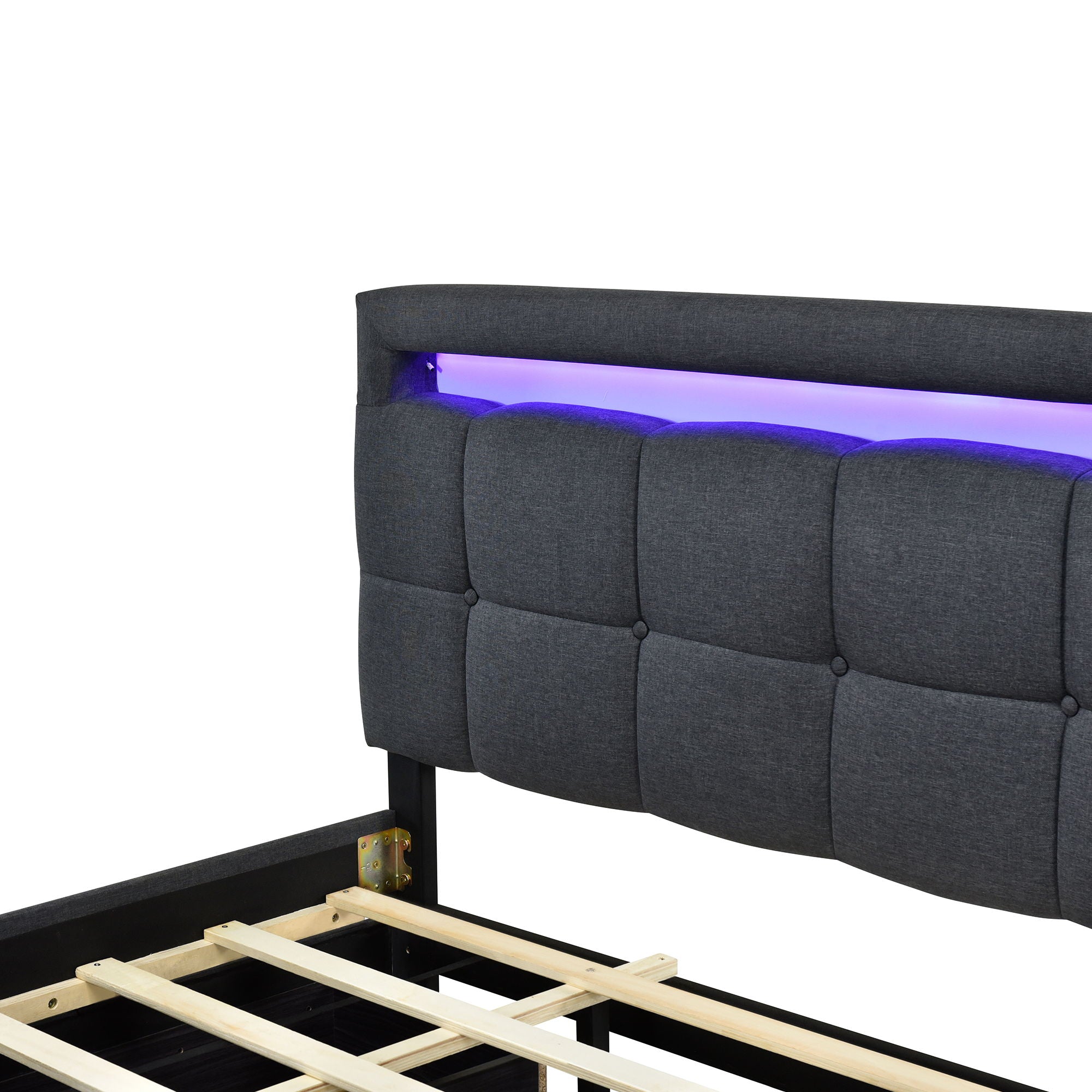 Upholstered Platform Bed With LED Frame, With Trundle And 2 Drawers