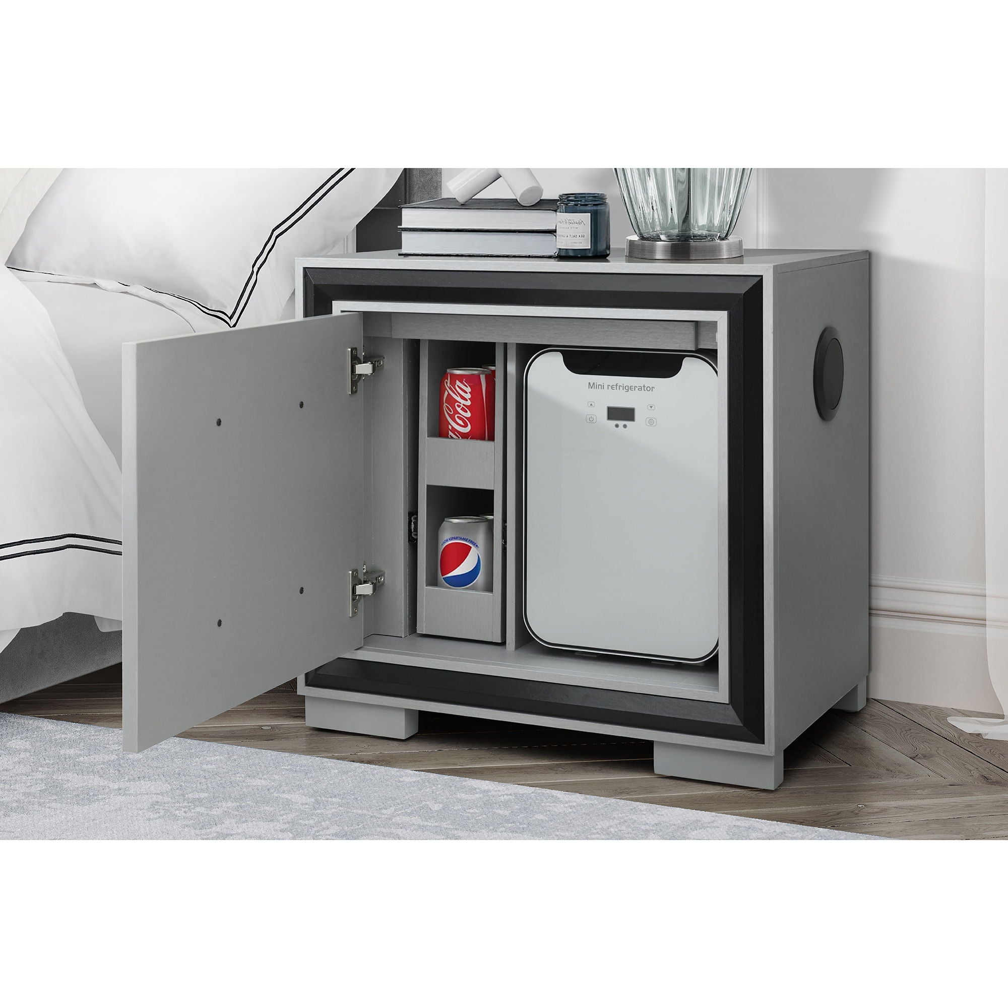 Adelaide - Nightstand With Cooler And Speaker - Grey / Black