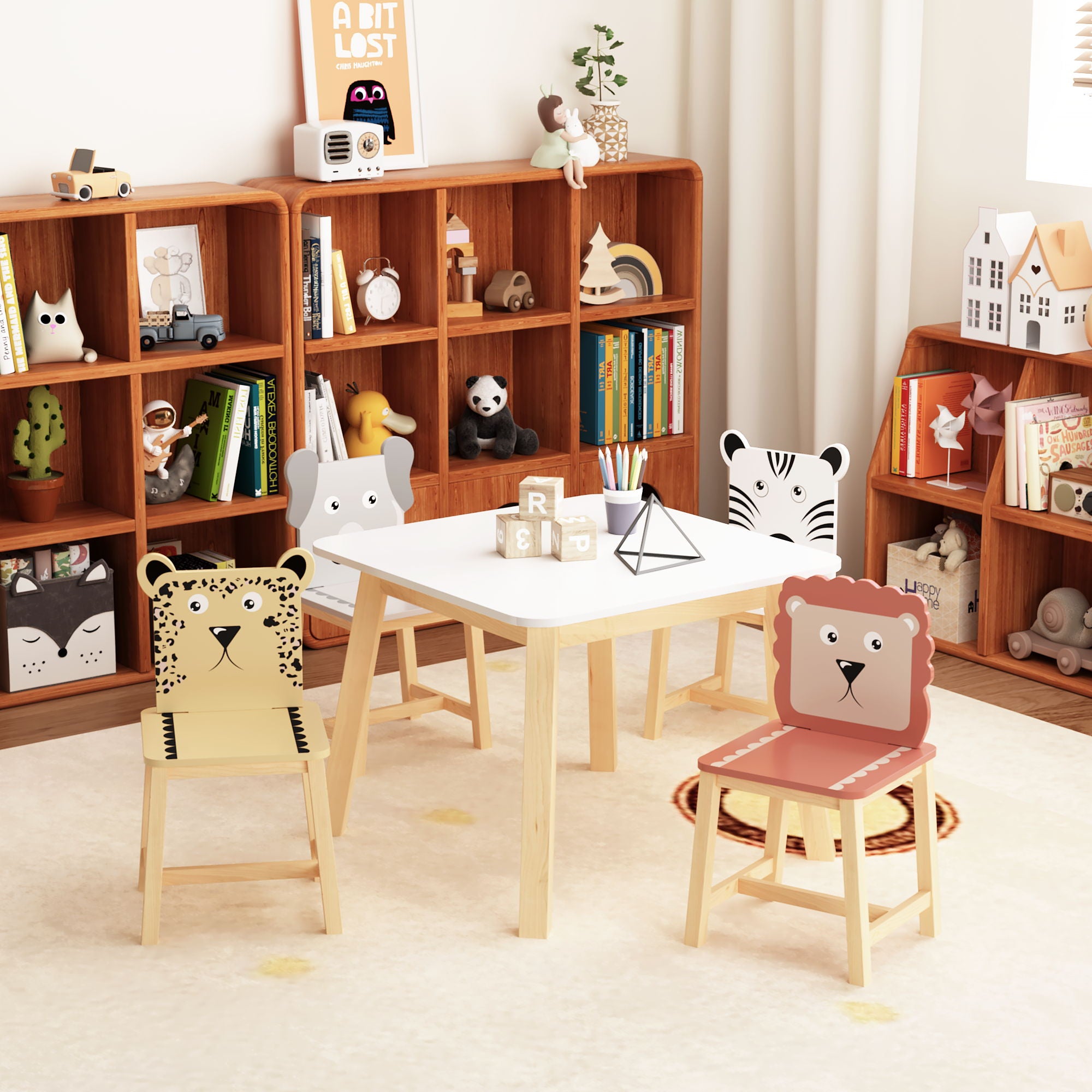 Kids Table And Chair Set With Cartoon Animals Design - White