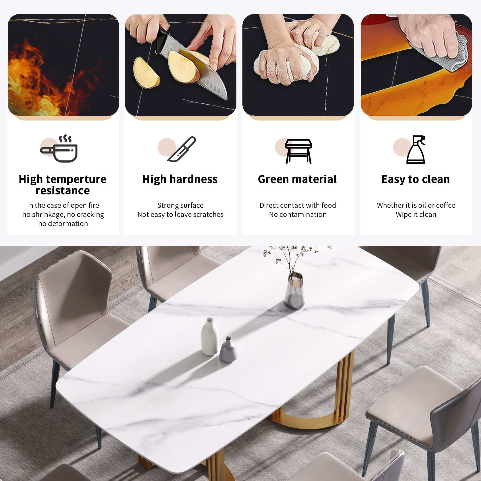 70.87" Modern Artificial Stone White Curved Golden Metal Leg Dining Table, Can Accommodate 6-8 People - White / Gold