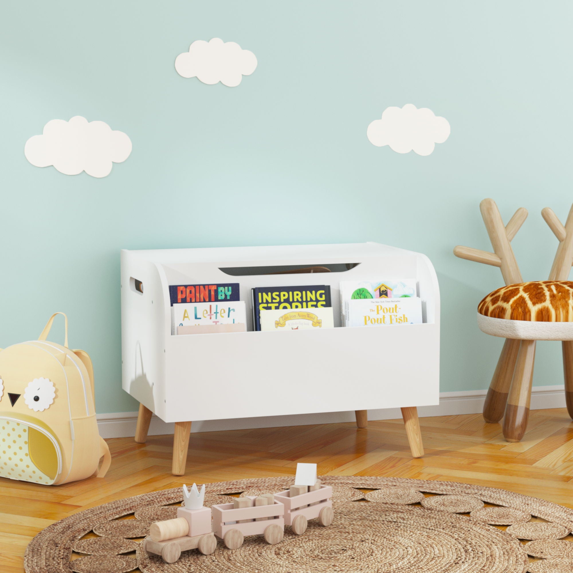 Toy Box With Front Bookshelf, Flip Top Lid, Safety Hinge For Kids Room Organization - White