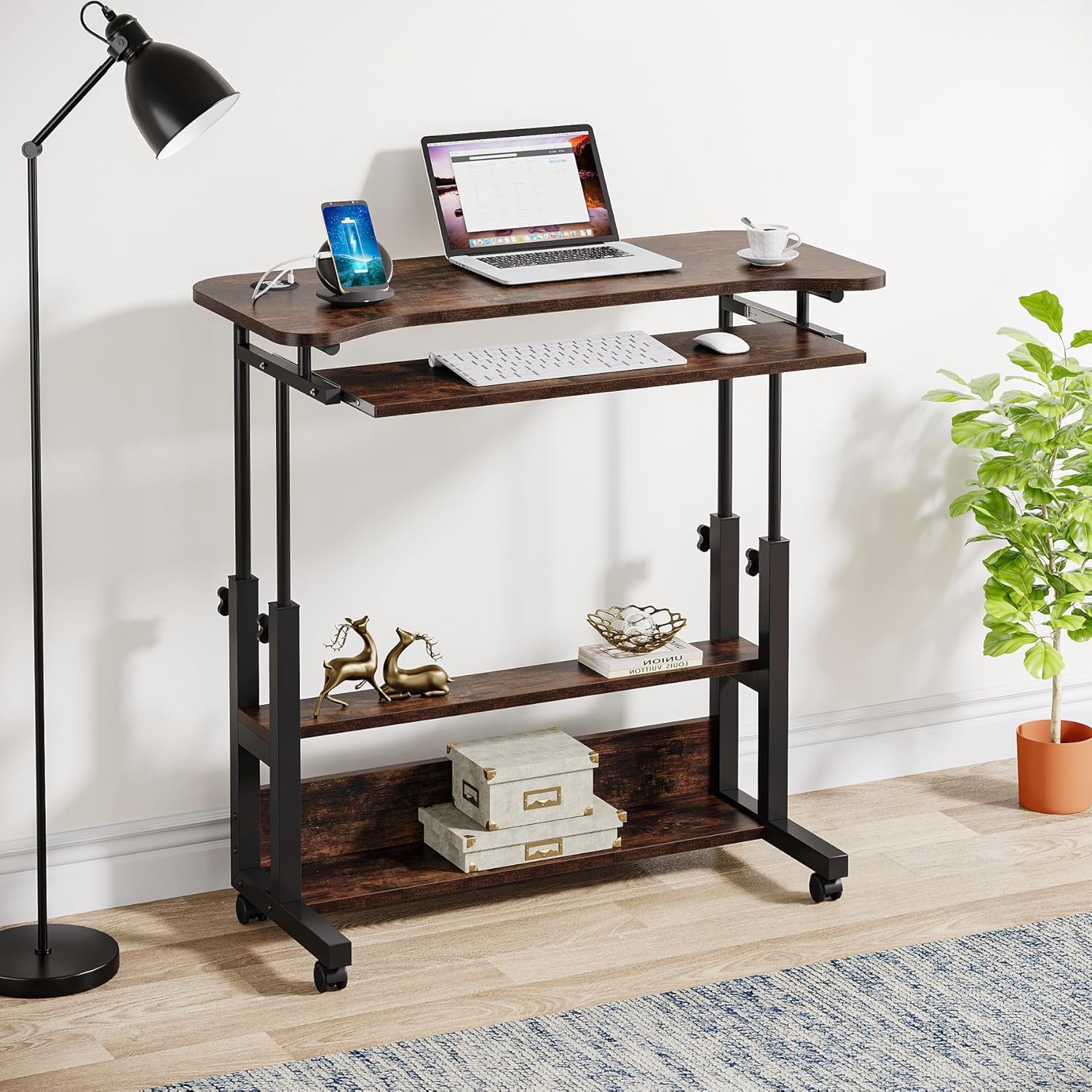 Portable Adjustable Desk With Power Outlets, USB Charging Ports, And Sliding Keyboard Tray - Brown / Black