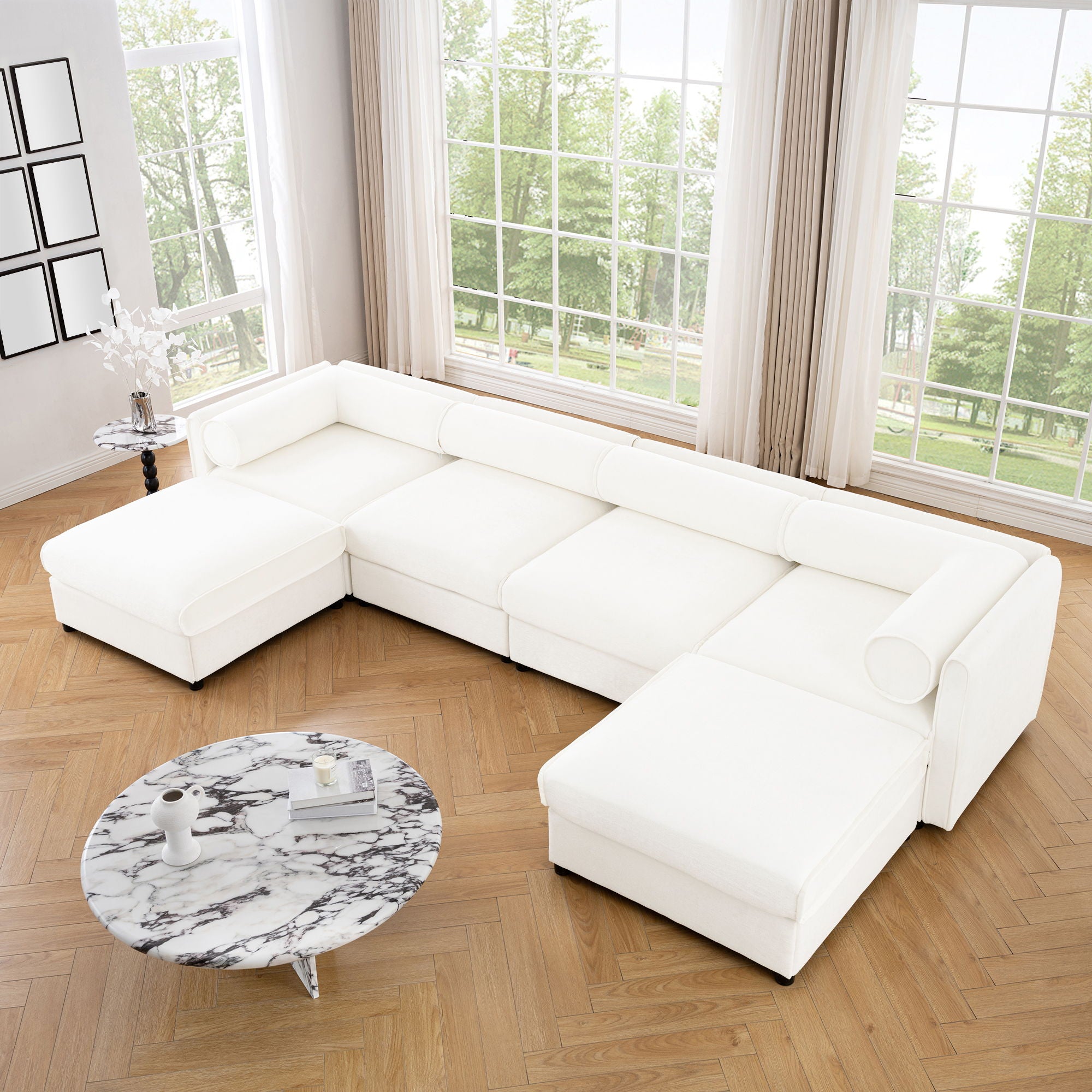 Contemporary Elegant White Chenille Sofa With Storage And Ottoman