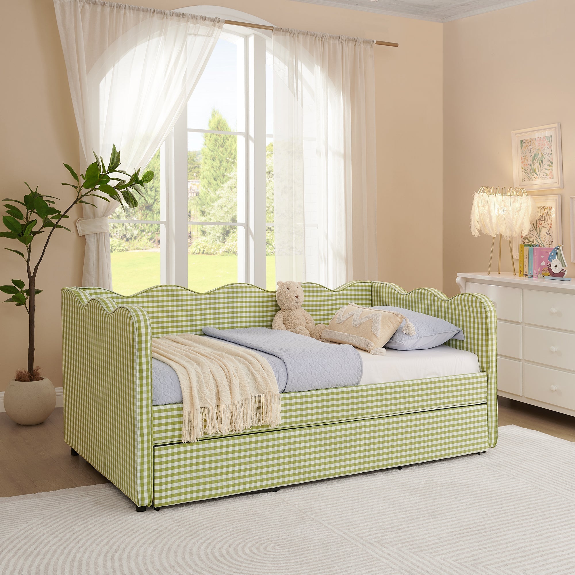 Cozy Gingham Daybed with Trundle Twin Size Sofa Bed