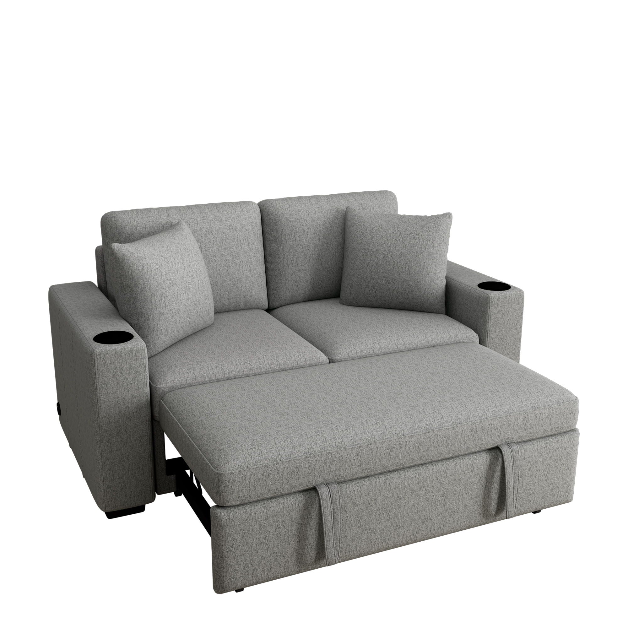 Modern 2 Seater Loveseat Sofa With Pull-Out Bed, Chenille Fabric, Built-In USB Ports & Cup Holders
