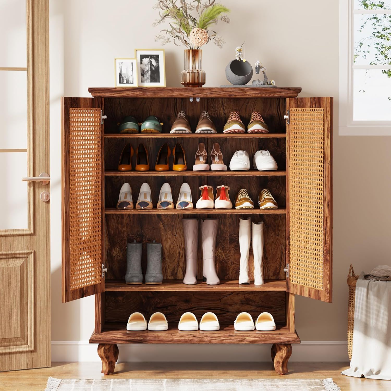 Shoe Cabinet With 5 Tier Freestanding Organizer, Ventilated Doors - Natural Wood